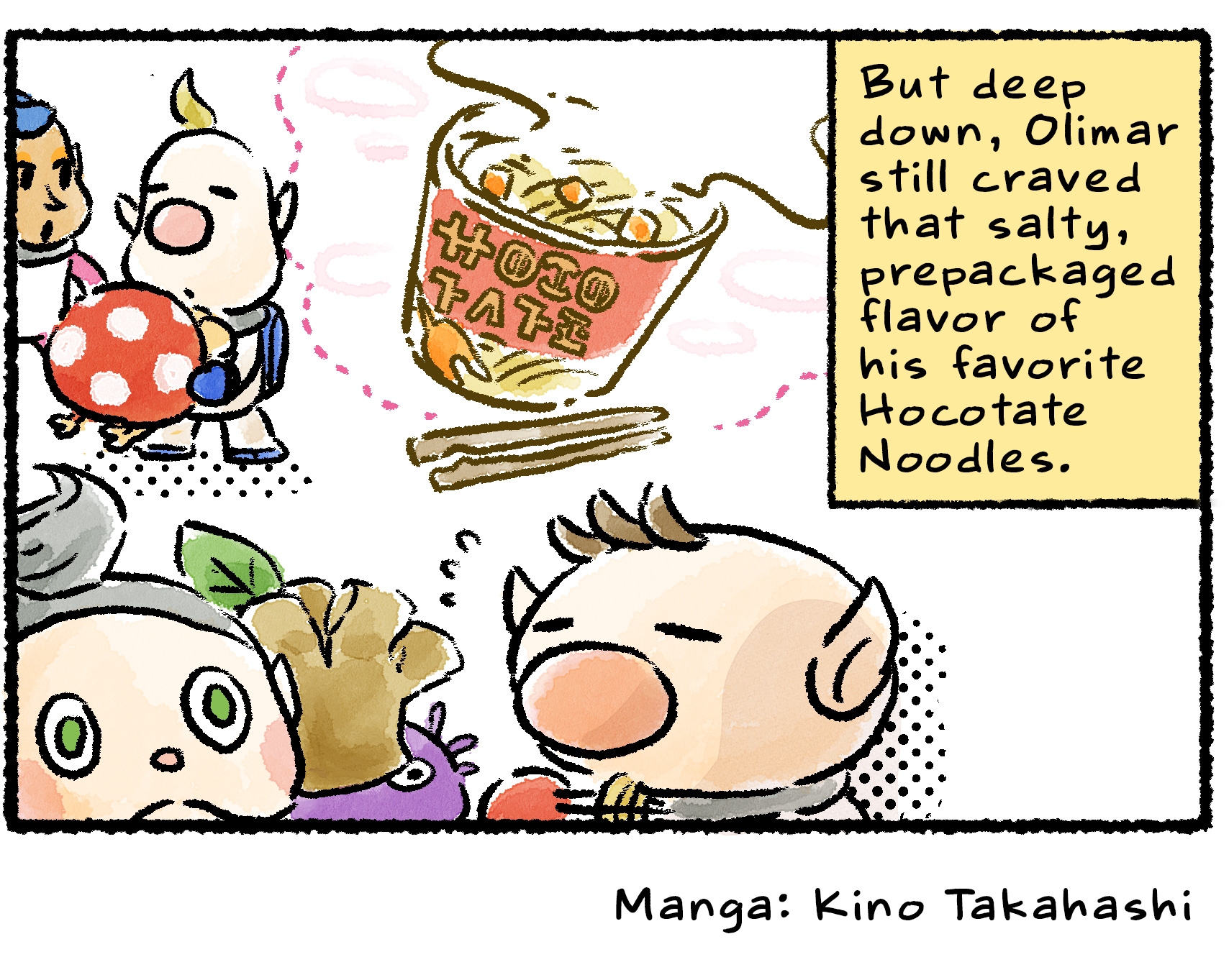 Panel four. As they eat, Olimar imagines the steaming paper cup of the noodles in their original form. Narrator text reads: "But deep down, Olimar still craved that salty, prepackaged flavor of his favorite Hocotate Noodles."