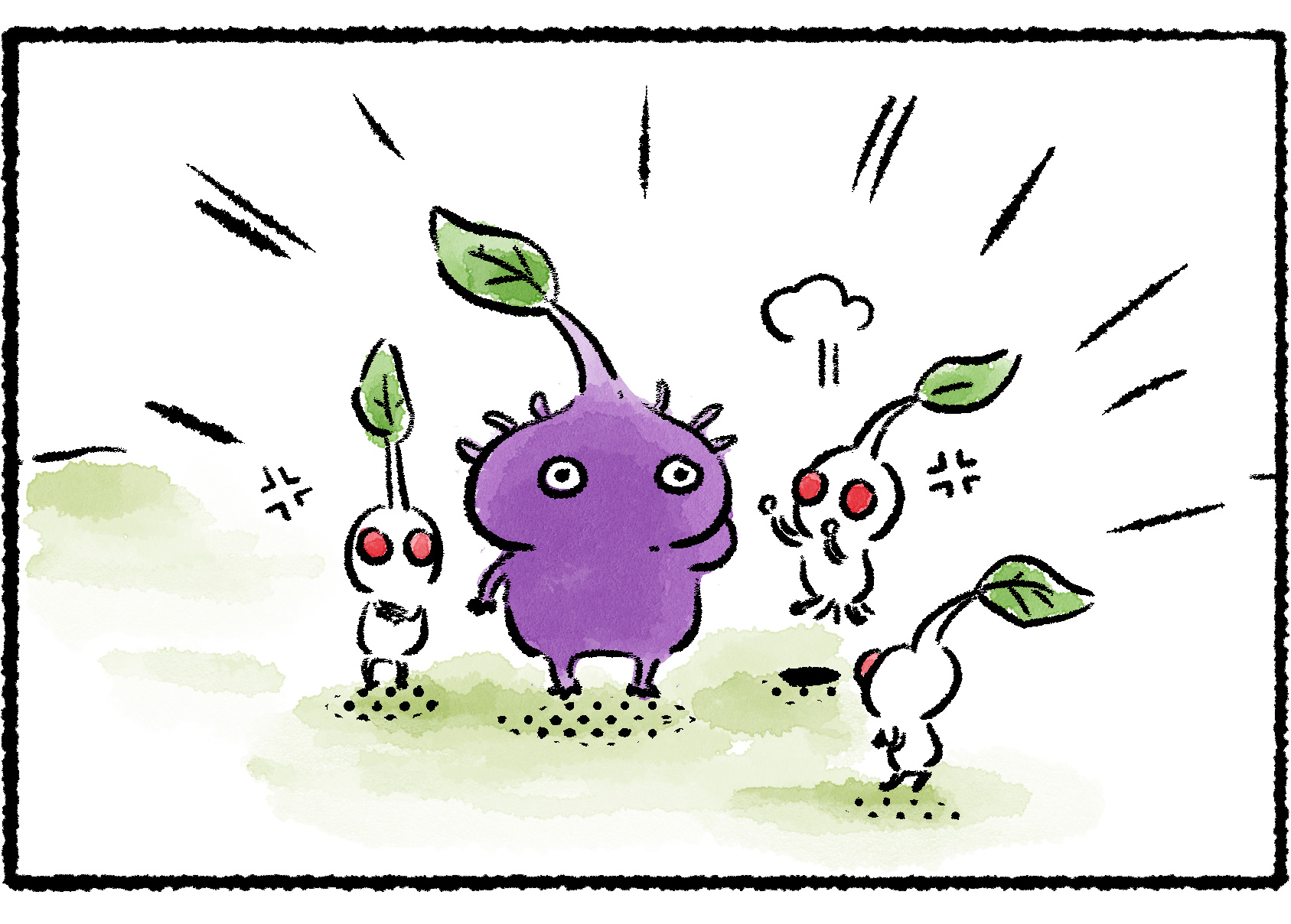 Panel three. The White Pikmin angrily express their frustrations at the Purple Pikmin for ruining their ride.
