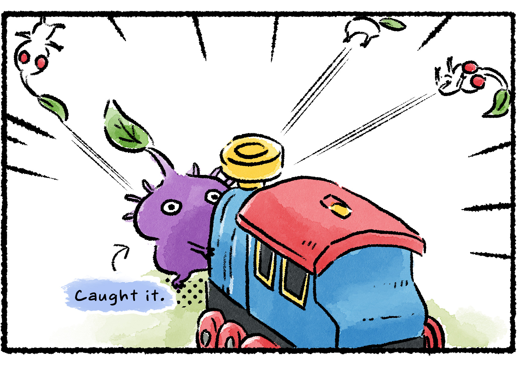 Panel two. A Purple Pikmin gets in the way of the train, bringing it to a sudden halt and sending the White Pikmin flying all over.