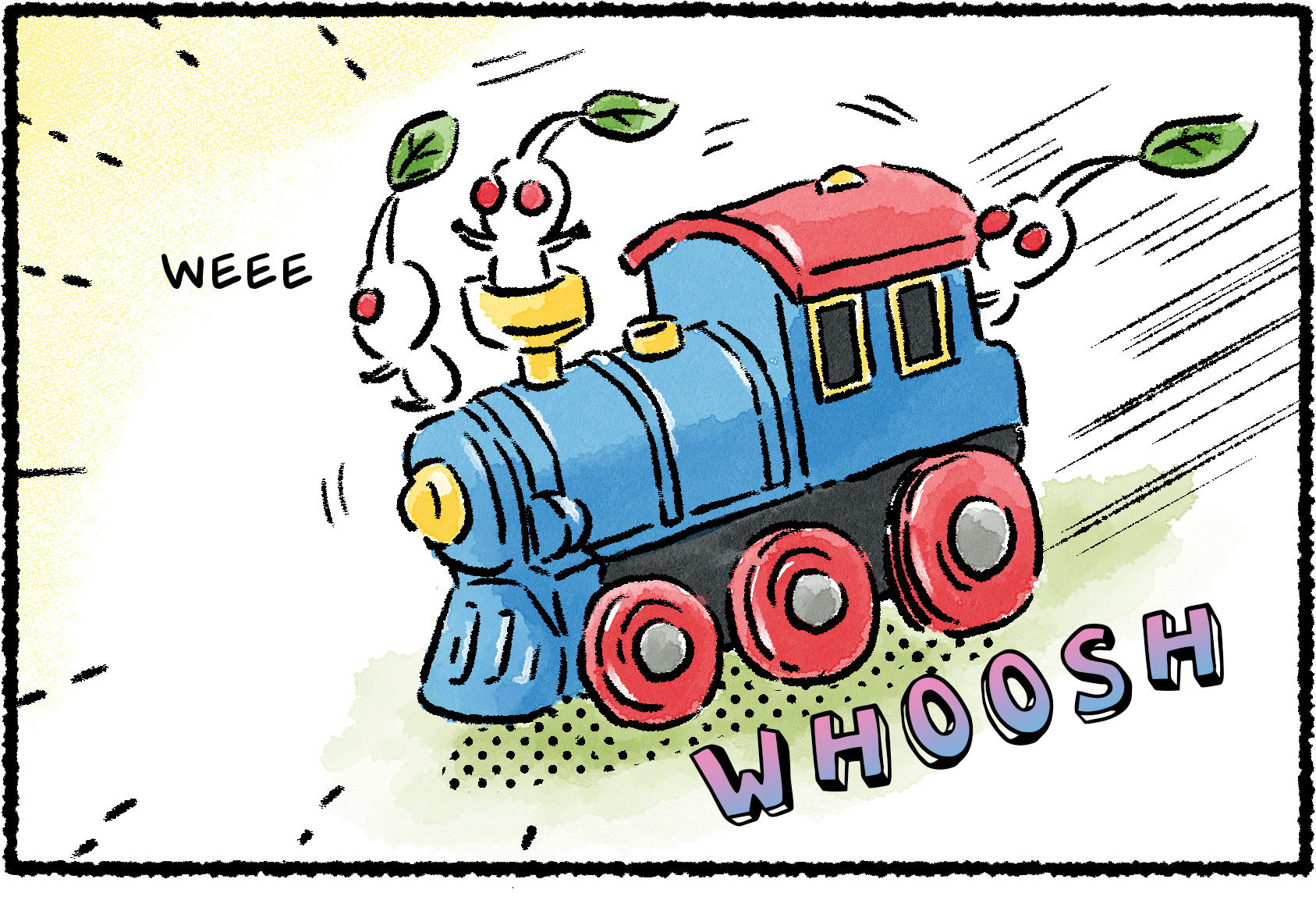 Panel one. Several White Pikmin gleefully ride a toy train whooshing along at top speed.