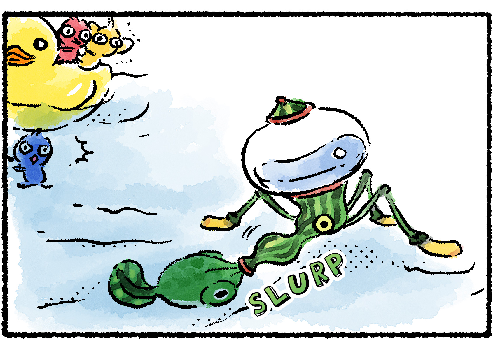 Panel two. The Pikmin watch with wide eyes as the Skeeterskate begins slurping up the Wolpole.