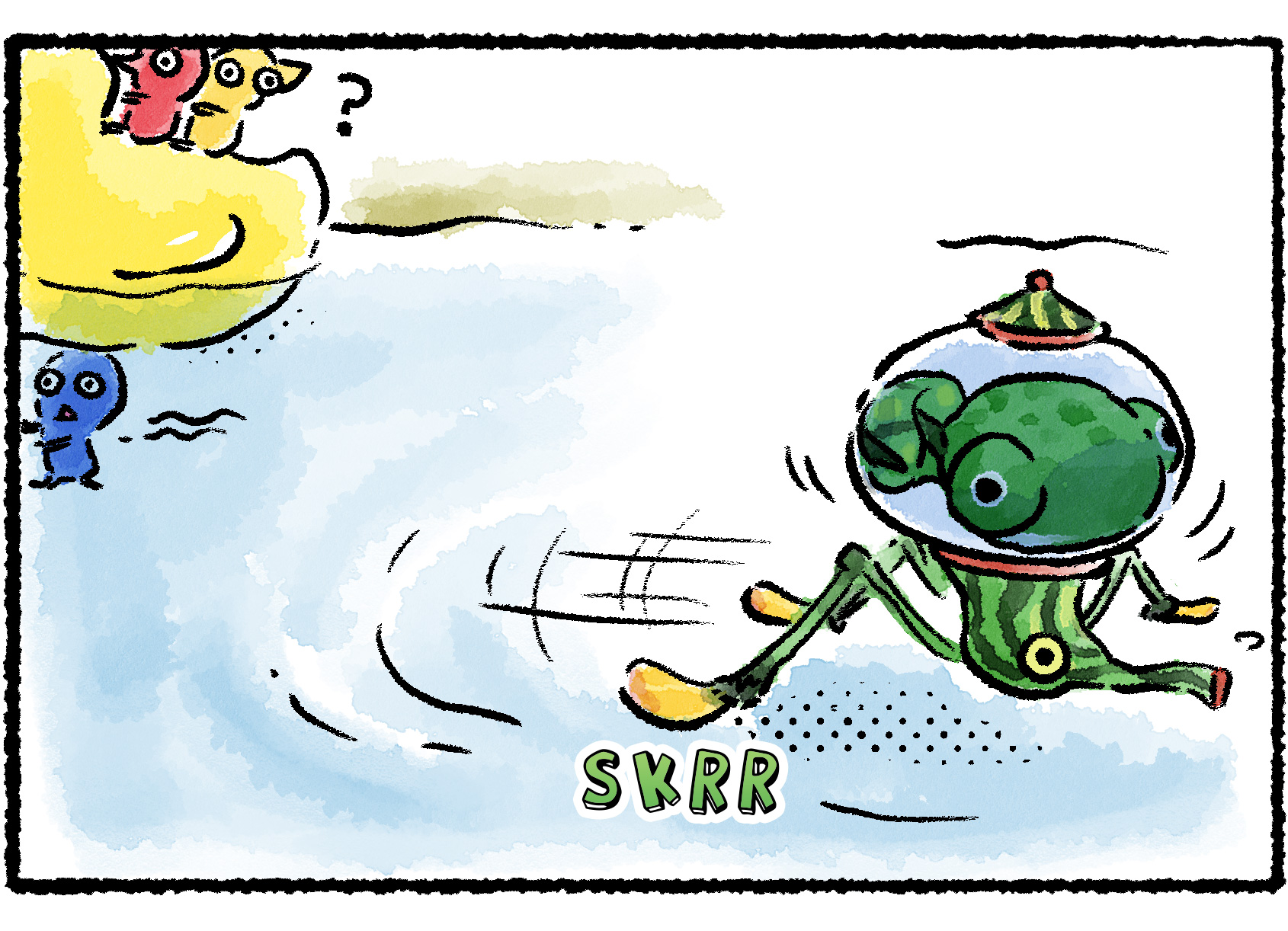 Panel three. The Wolpole has been sucked up into the transparent sac on top of the Skeeterskate's head. The Pikmin are confused.