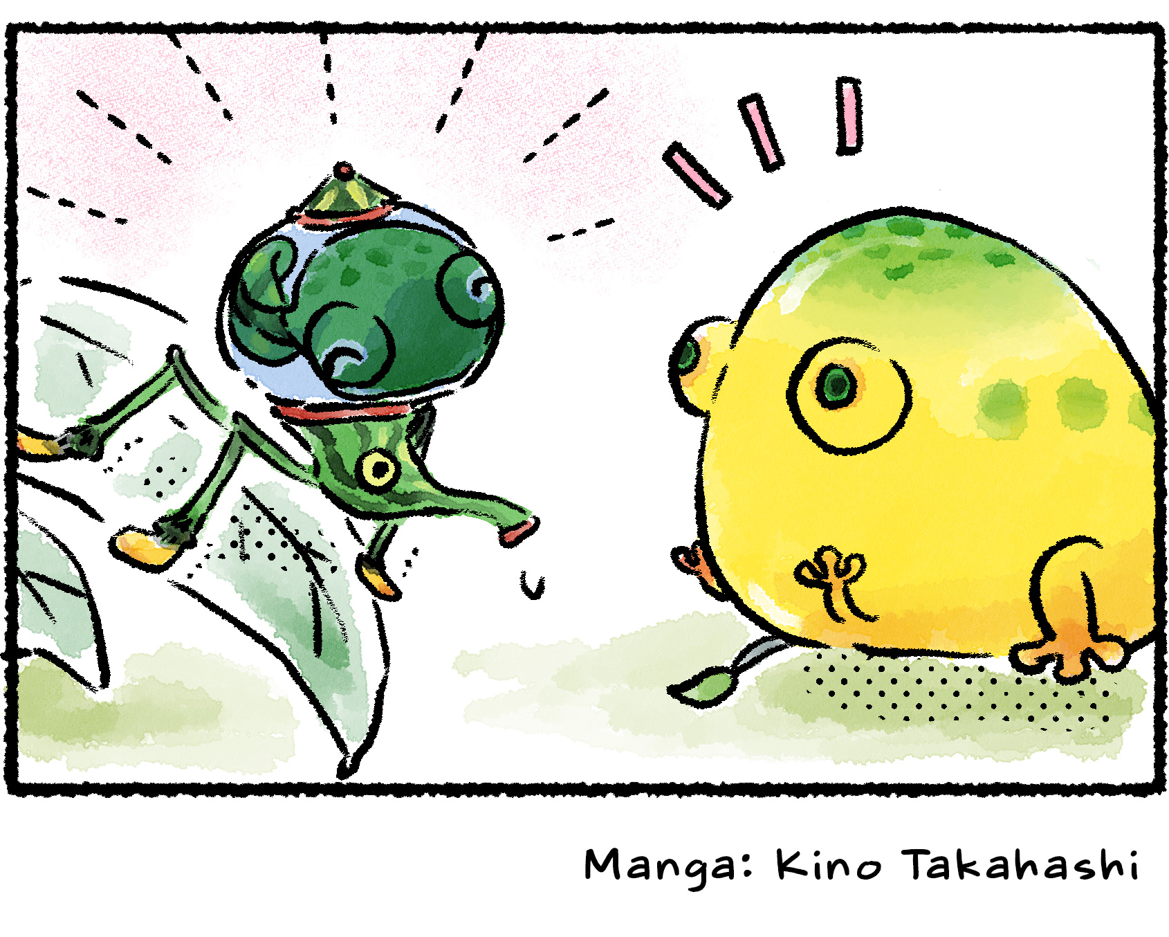 Panel four. The Skeeterskate is standing on a leaf next to a Yellow Wollyhop. The Wolpole, only able to venture out onto land thanks to the water inside the sac, seems to smile at what might be its parent.