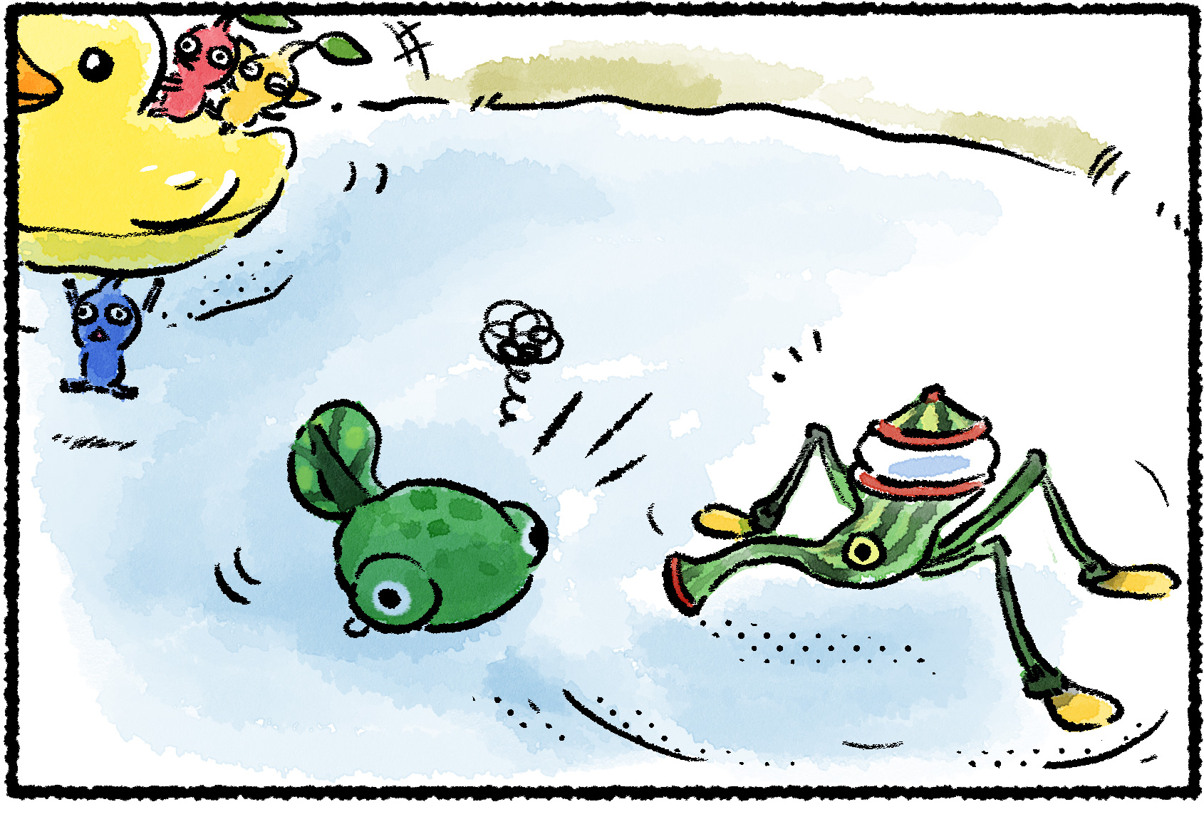 Panel one. With Pikmin watching from a rubber ducky in the background, a Skeeterskate moves toward a Wolpole along the surface of a lake.