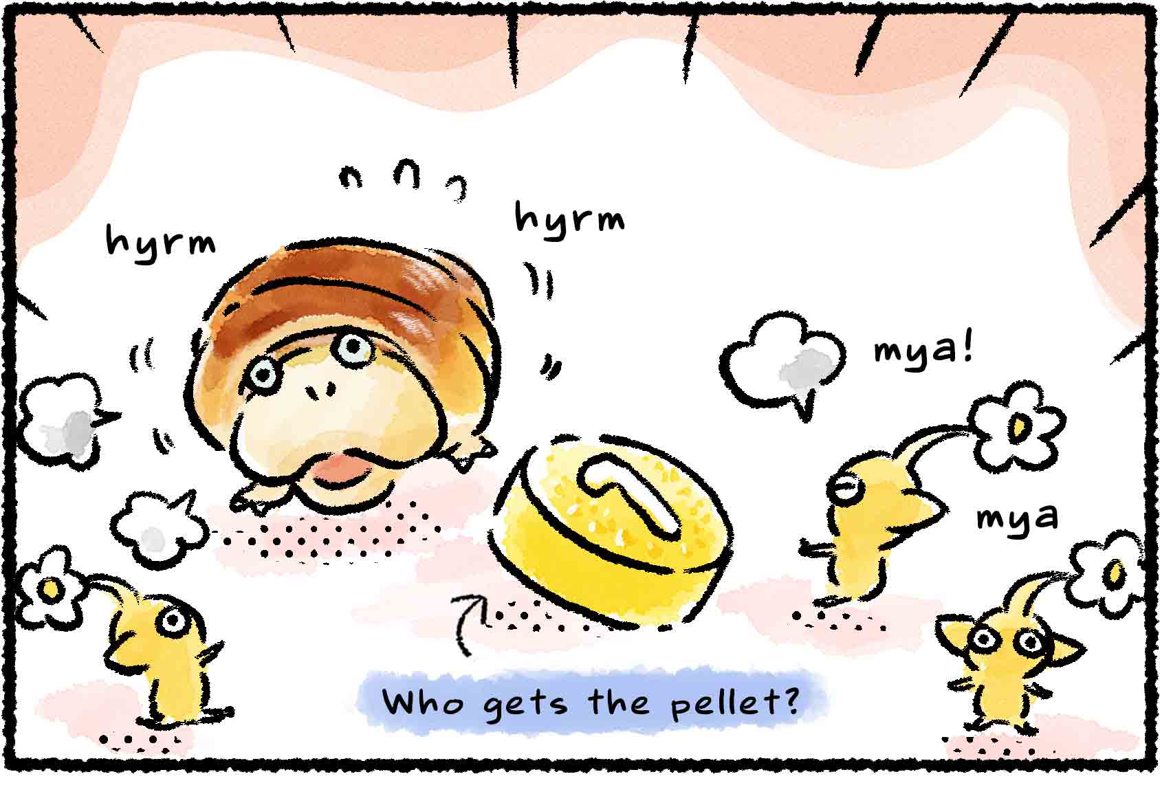 Panel one. A Breadbug and several Yellow Pikmin scramble for a yellow 1 pellet. Narrator text reads: "Who gets the pellet?"