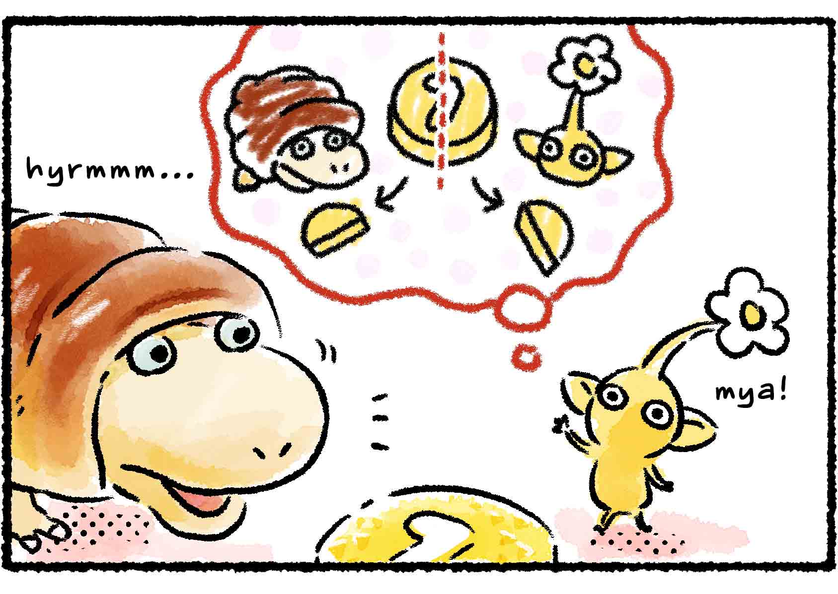 Panel two. The Breadbug and Yellow Pikmin appear to be negotiating. The Pikmin is imagining the pellet being divided equally In half.