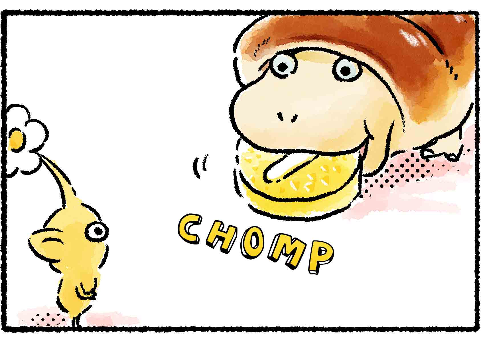 Panel three. The Breadbug puts the pellet in its mouth and chomps on it.