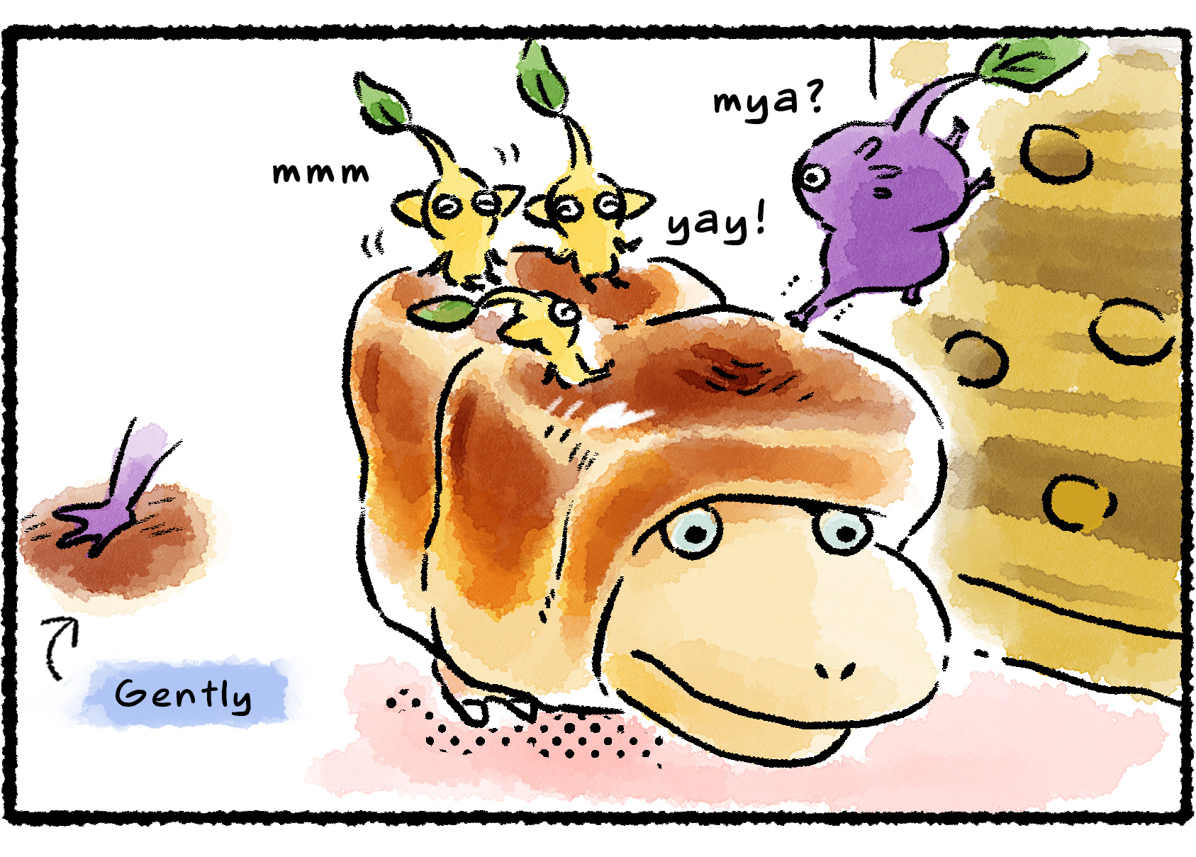 Panel three. The Breadbug has recovered, and several Yellow Pikmin are standing on it. A Purple Pikmin climbs up a wall and then very gently tries to lower itself onto the Breadbug, starting with just one foot.