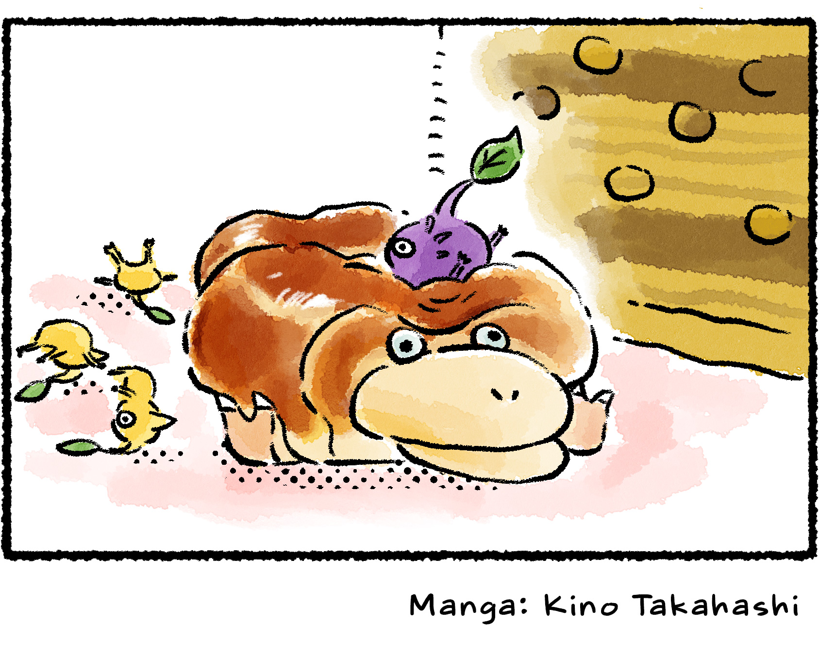 Panel four. The Purple Pikmin puts its weight onto the Breadbug and it immediately collapses again. The Yellow Pikmin all fall off onto the ground.