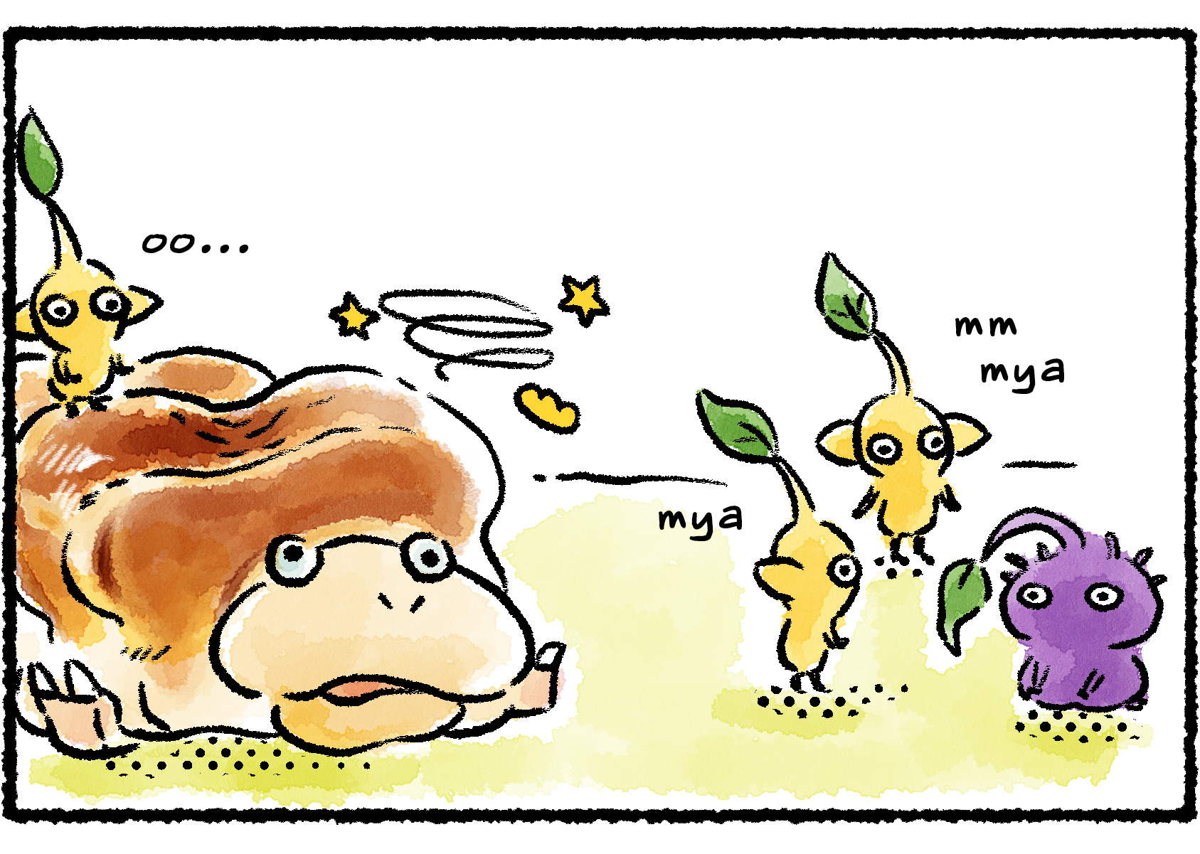 Panel two. The Breadbug lies on the ground, stunned. The Purple Pikmin sits nearby, looking sad—apparently it wasn't trying to hurt the Breadbug by jumping on it. Some Yellow Pikmin console it.