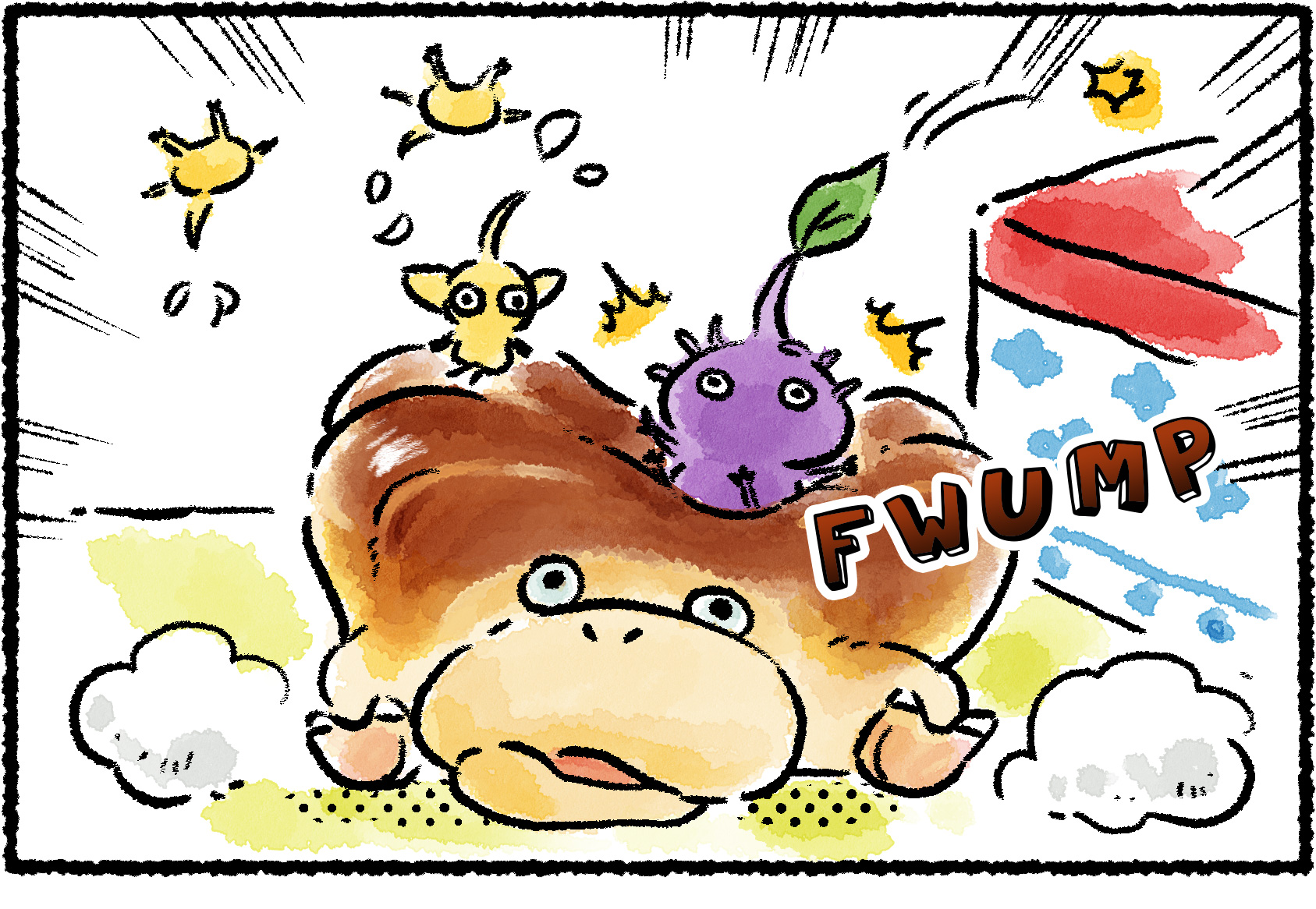 Panel one. A Purple and Yellow Pikmin jump on a Breadbug. The impact of the Purple Pikmin knocks the Breadbug down.