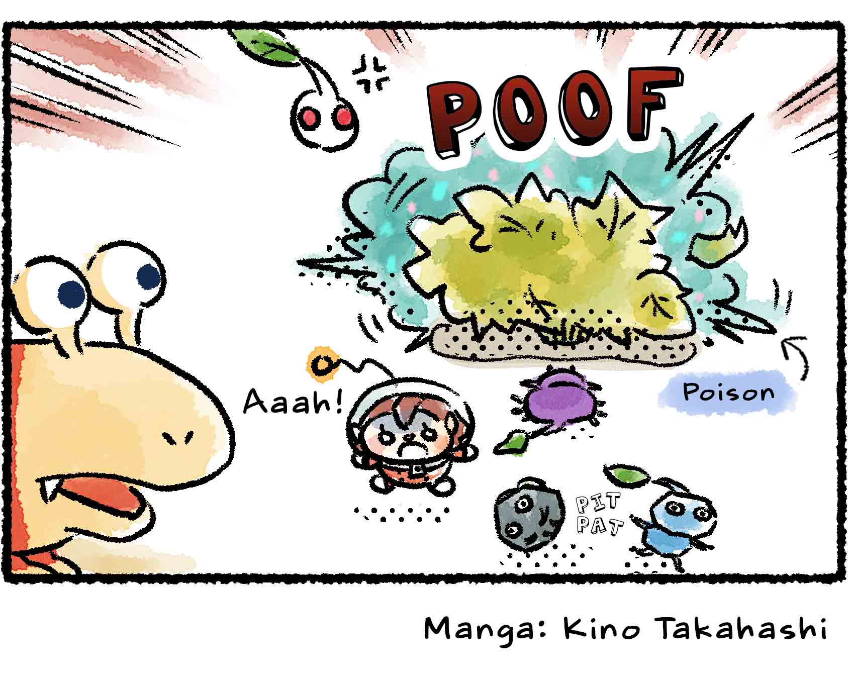 Panel four. After impact, the White Pikmin emits a cloud of poison gas that sends everyone scattering out of the hiding place…just in time for the Bulborb's arrival.