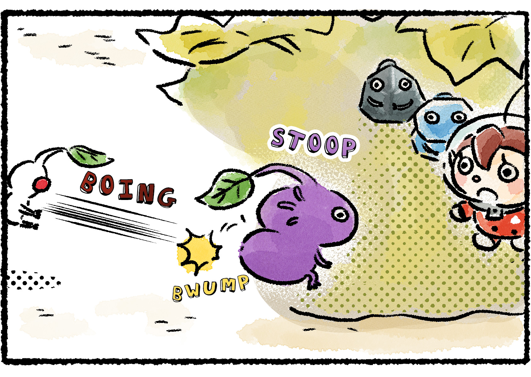 Panel three. The Purple Pikmin steps into the hiding place, but when it goes to crouch down, its backside bumps into the White Pikmin behind it and accidentally sends it flying.
