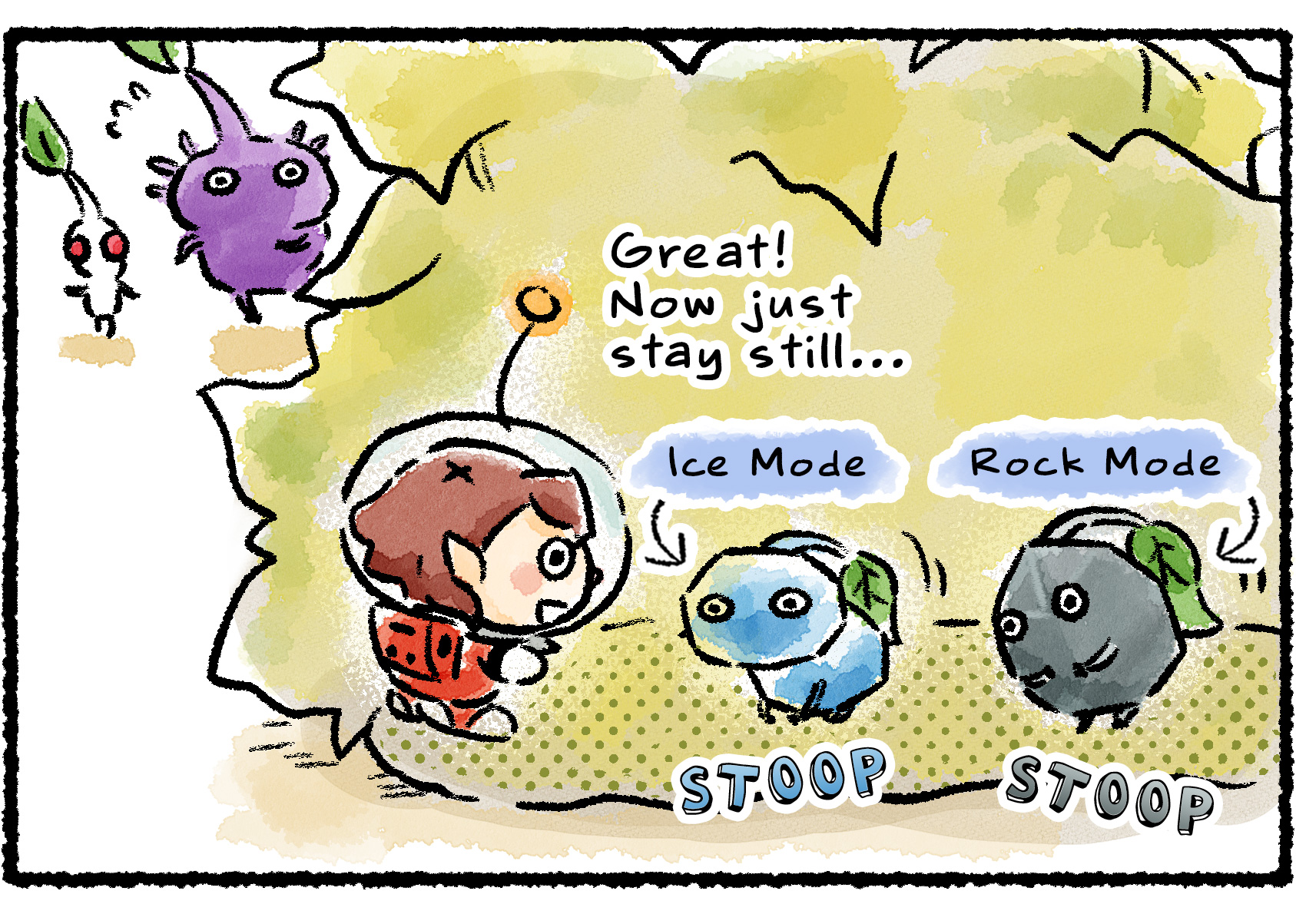 Panel two. A Rock Pikmin and an Ice Pikmin crouch down behind the foliage. Descriptive text reads "Rock Mode" and "Ice Mode". "Great!" the Rescue Officer says. "Now just stay still..." A Purple Pikmin and a White Pikmin hurry to catch up.