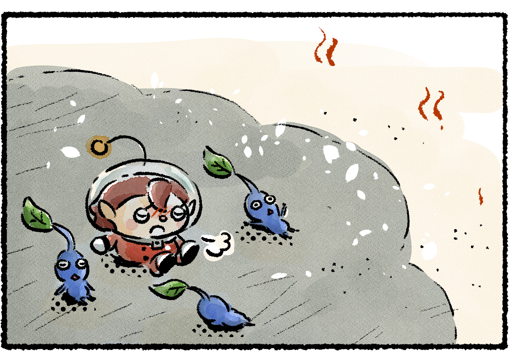 Panel two. The Rescue Officer looks relieved as she and the Blue Pikmin find shelter in the shade.