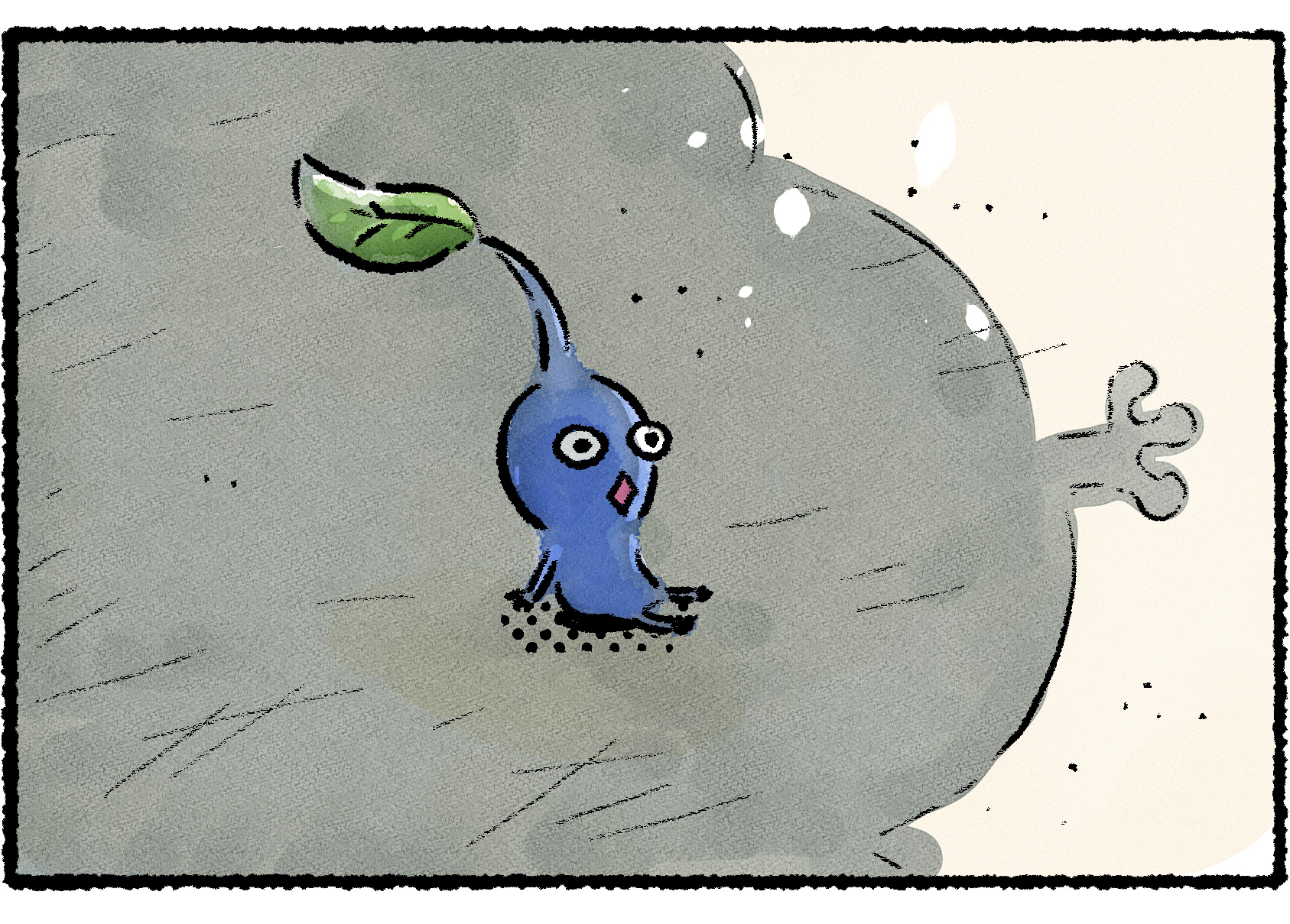 Panel three. One of the Blue Pikmin looks shocked as it notices what appears to be a small hand-like shape at the edge of the shadow they are sitting in.