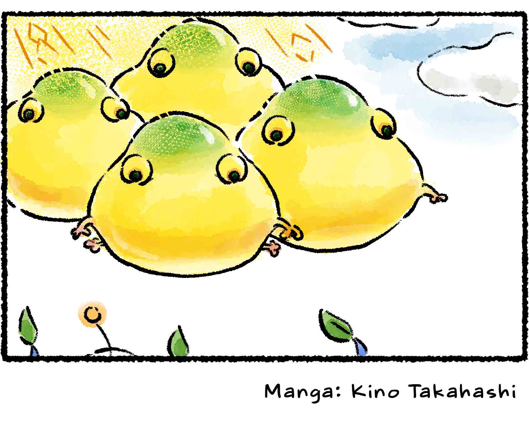 Panel four. The group looks up and sees a whole group of Yellow Wollyhops descending on them from above. It seems they chose the wrong shadow.