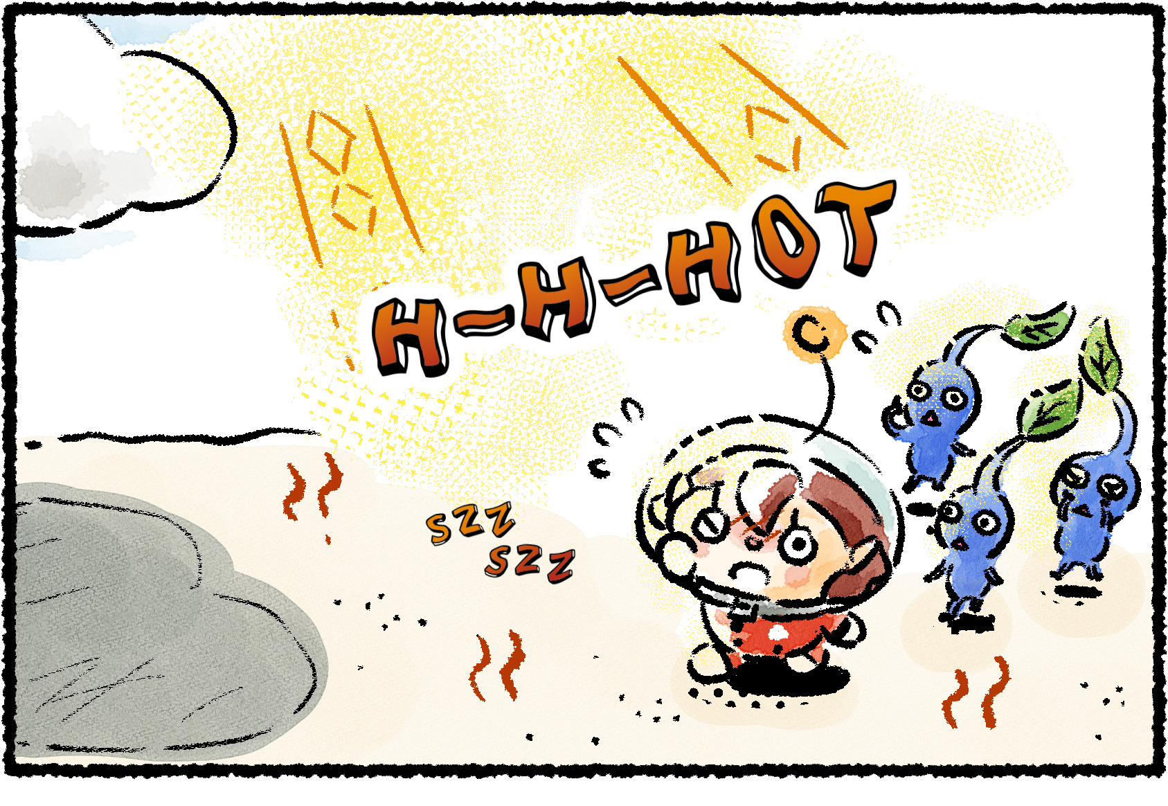 Panel one. A Rescue Officer and several Blue Pikmin are walking on the sand. They are all sweating as the sun beats down on them from above. There is just one cloud in the sky that appears to be casting an appealing-looking shadow.