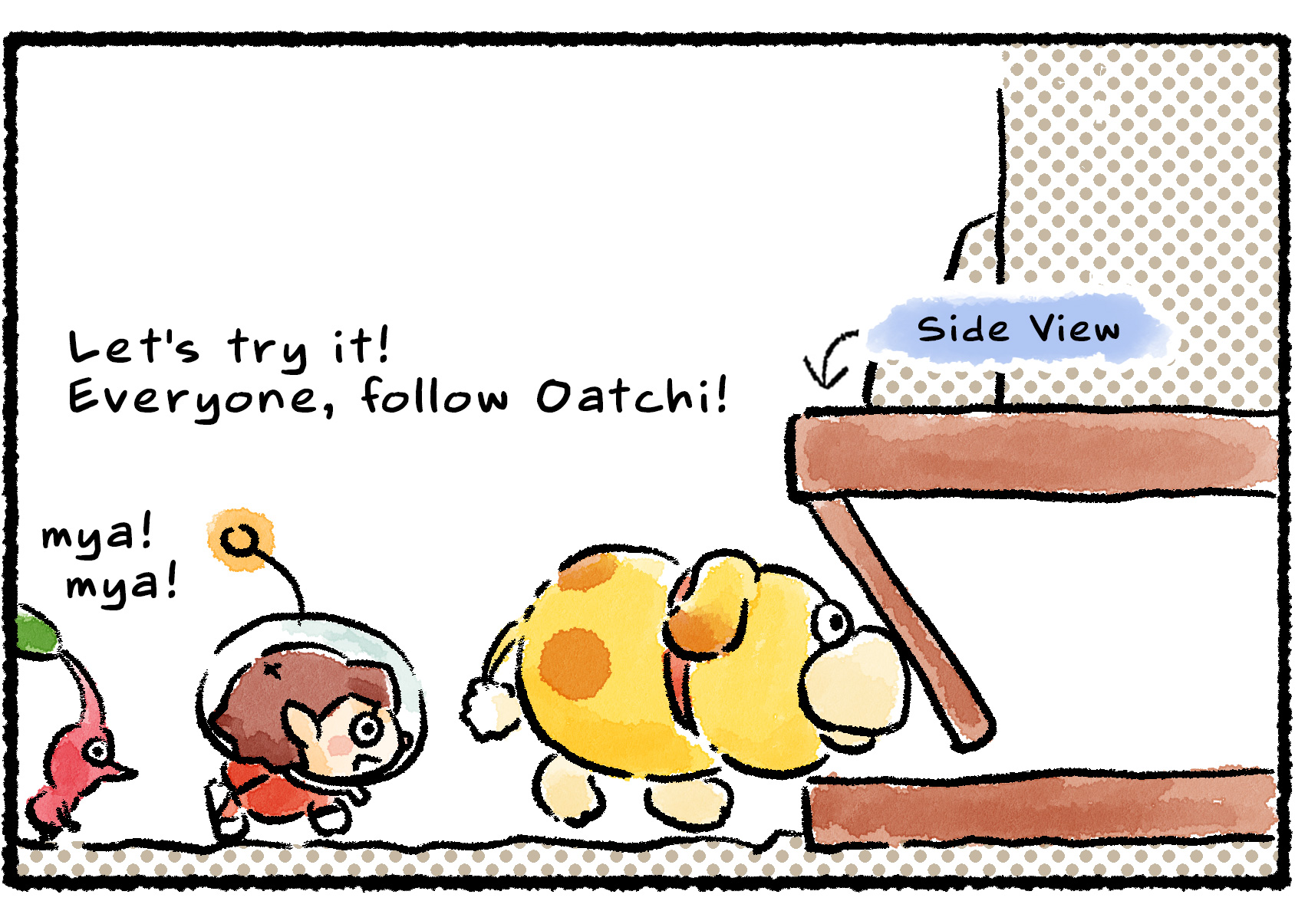 Panel two. "Let's try it!" the Rescue Officer says. "Everyone, follow Oatchi!" The group prepares to follow Oatchi as the pup pushes the tunnel hatch back with his nose.