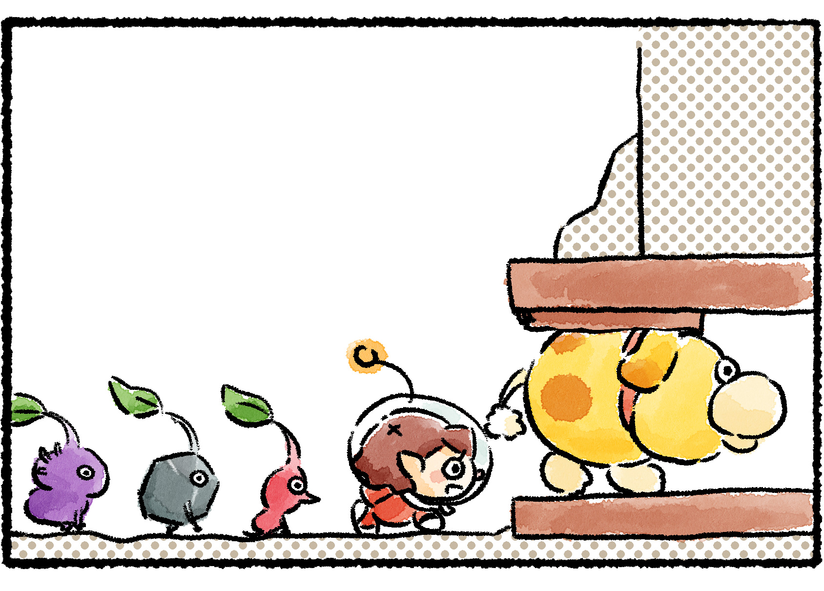 Panel three. Oatchi is now firmly in the tunnel entrance. The hatch is pressed fully back, so that it is flush with the tunnel ceiling. The Rescue Officer crouches behind Oatchi and begins to enter the tunnel behind him.