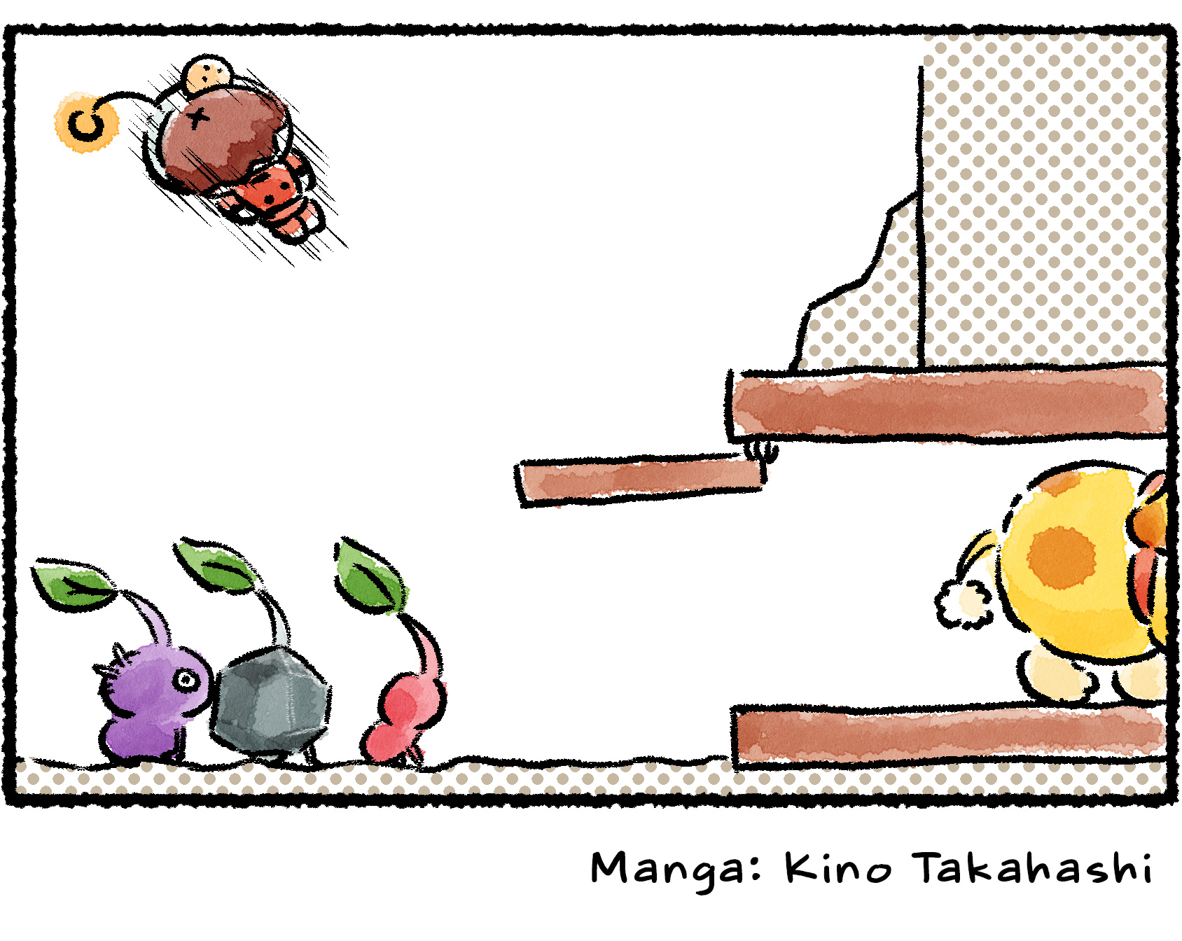 Panel four. As Oatchi fully enters the tunnel, his body is no longer pushing the hatch up. It swings down on its hinges with force, smacking the Rescue Officer in the head and sending her flying out of the tunnel and into the air.