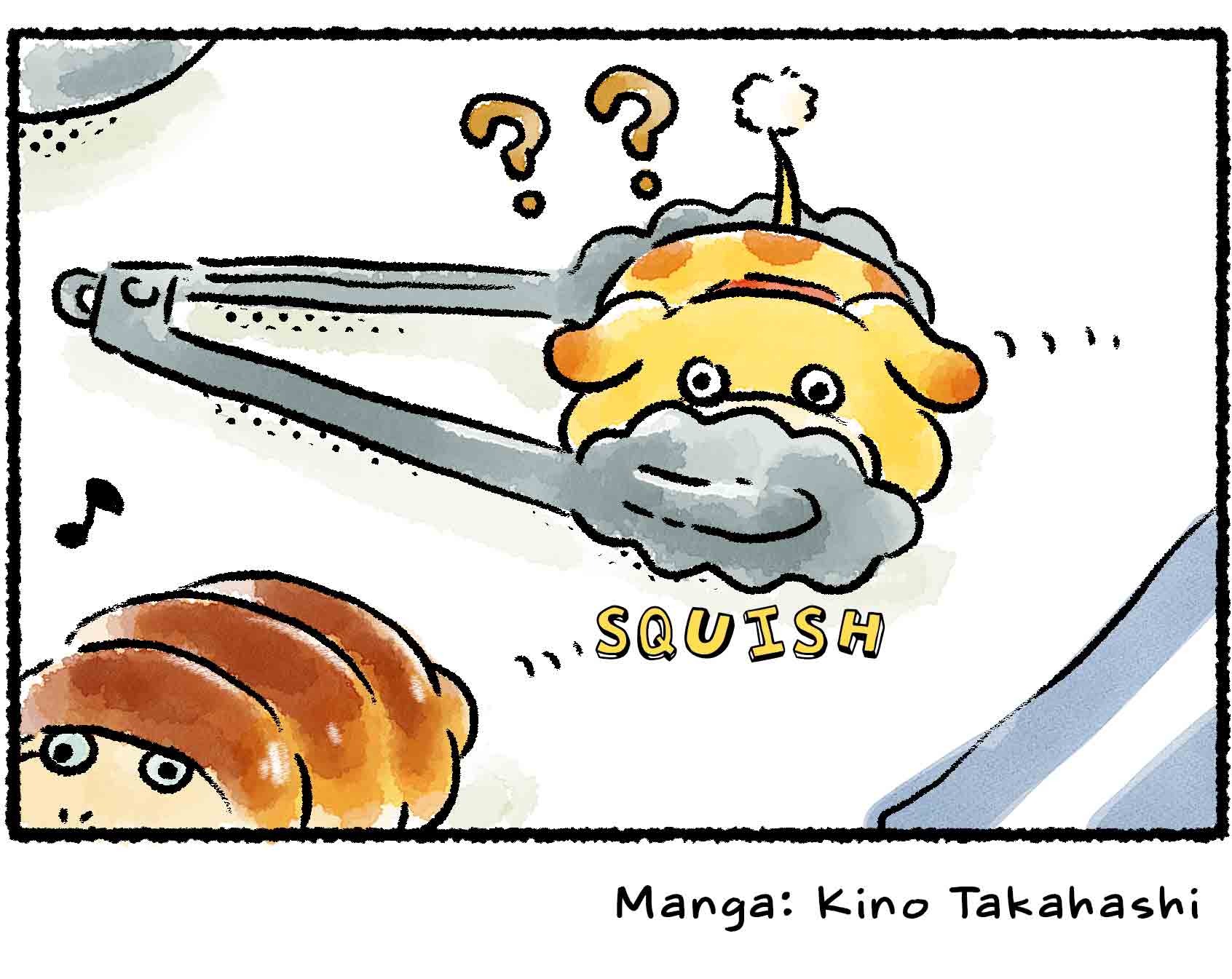 Panel four. As the Breadbug leaves, Oatchi goes to squish himself between the tongs to see what all the fuss is about. He still doesn't understand the appeal.