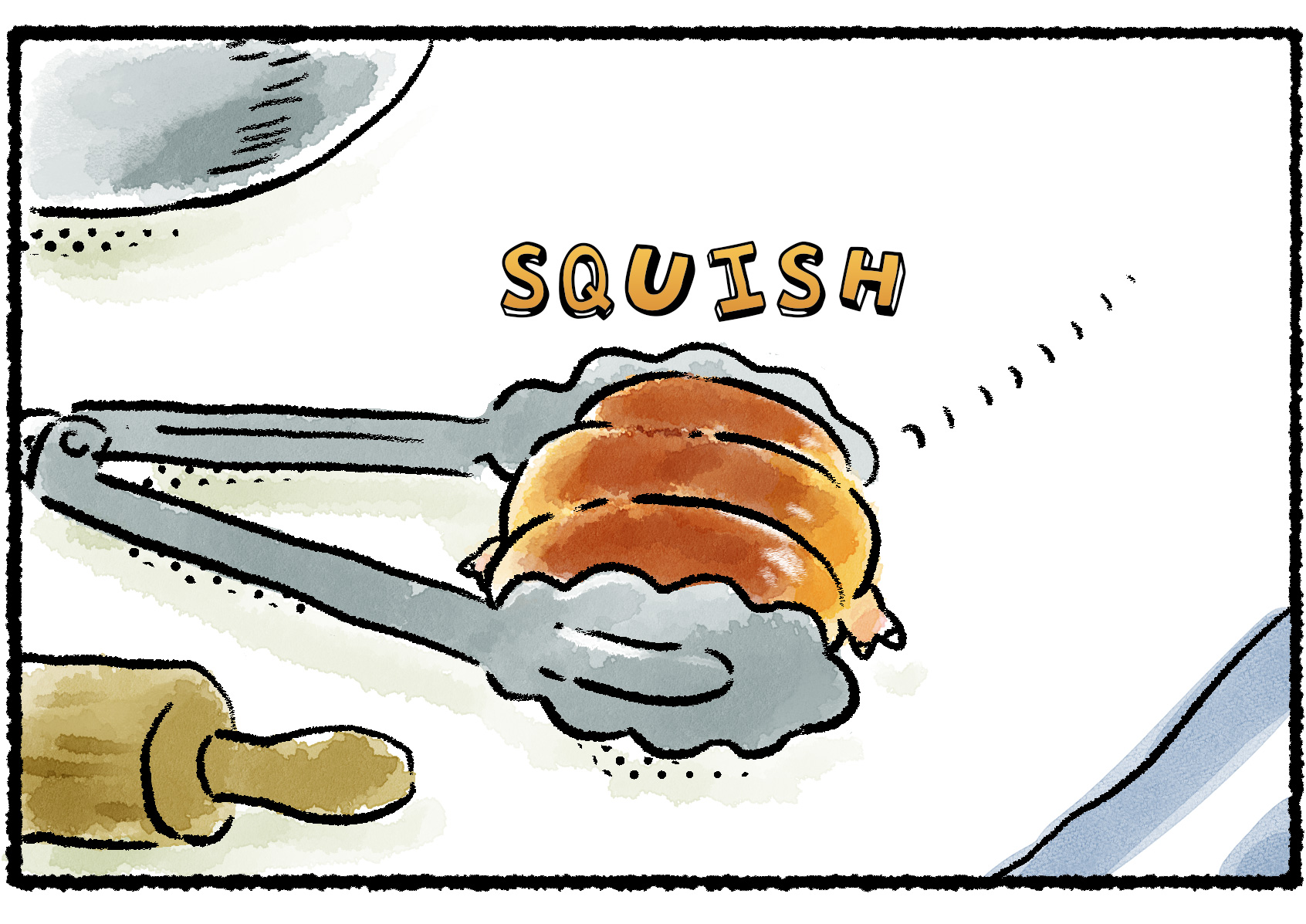 Panel two. The Breadbug squishes itself happily between the tongs.