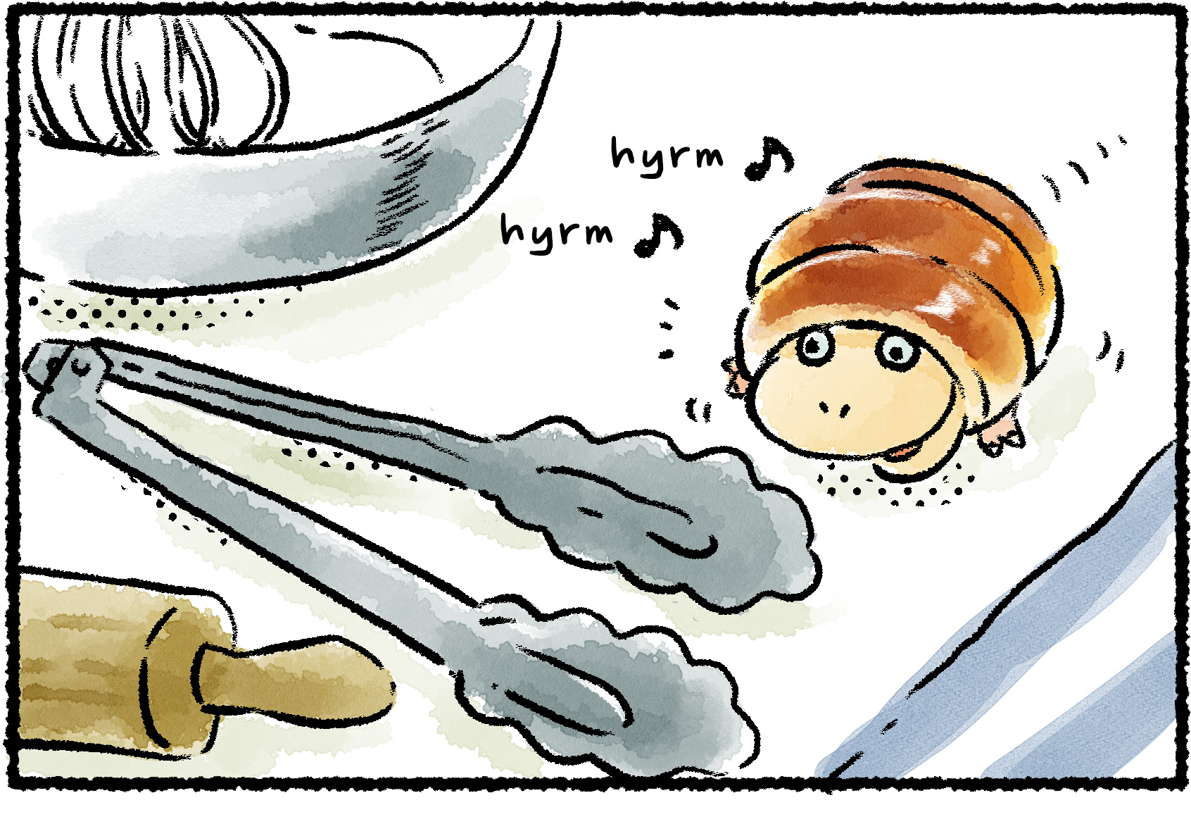 Panel one. A Breadbug waddles along a kitchen counter, and makes excited noises as it comes upon a pair of salad tongs.