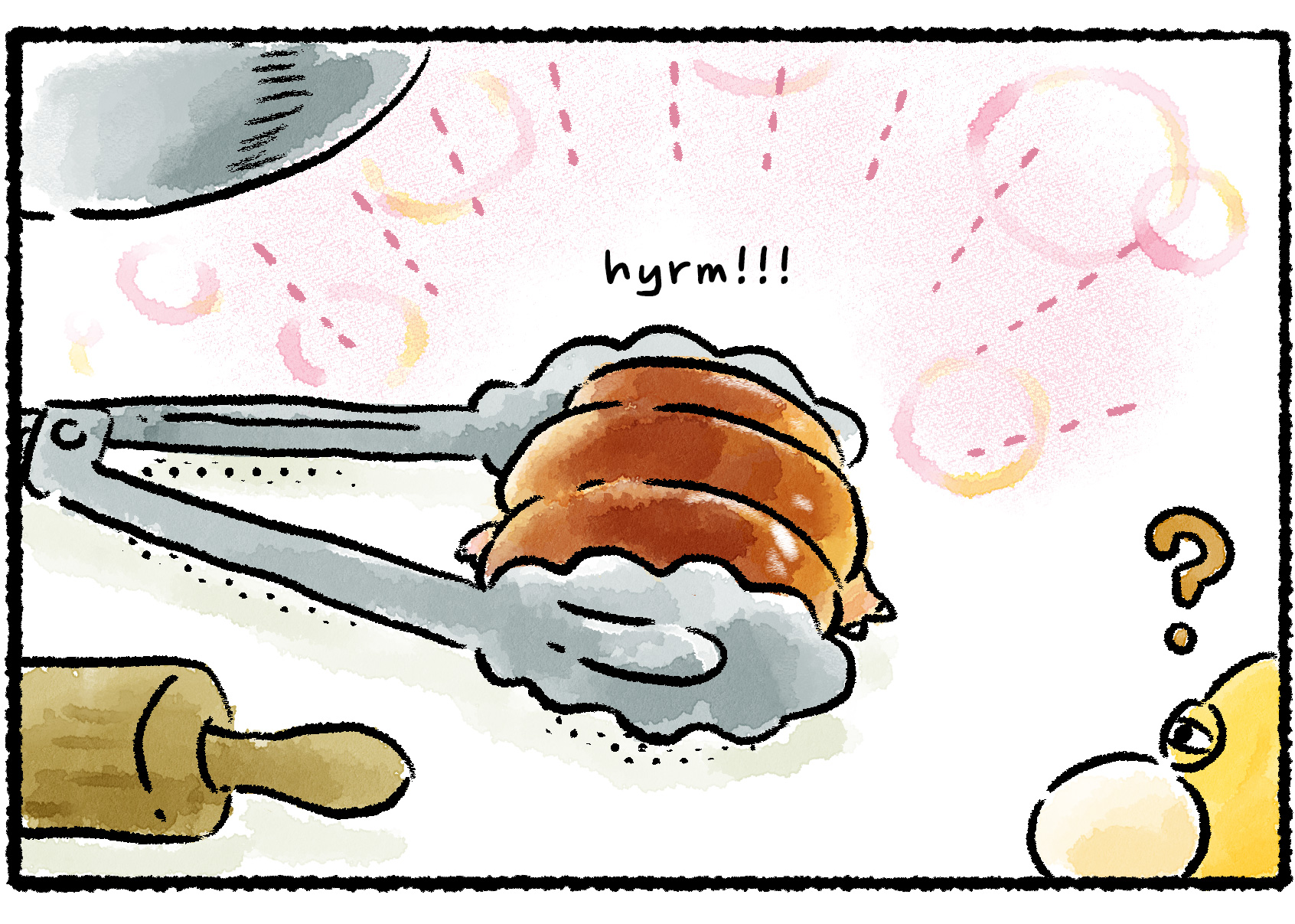 Panel three. The Breadbug makes excited noises as it is gently squished by the tongs. Oatchi squints at the display, not understanding.