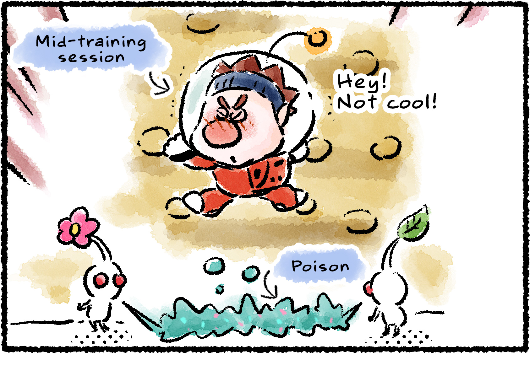 Panel one. Dingo is in the middle of a training session, climbing up a wall, when some White Pikmin begin laying poison on the ground below him. "Hey!" Dingo says. "Not cool, Pikmin!"