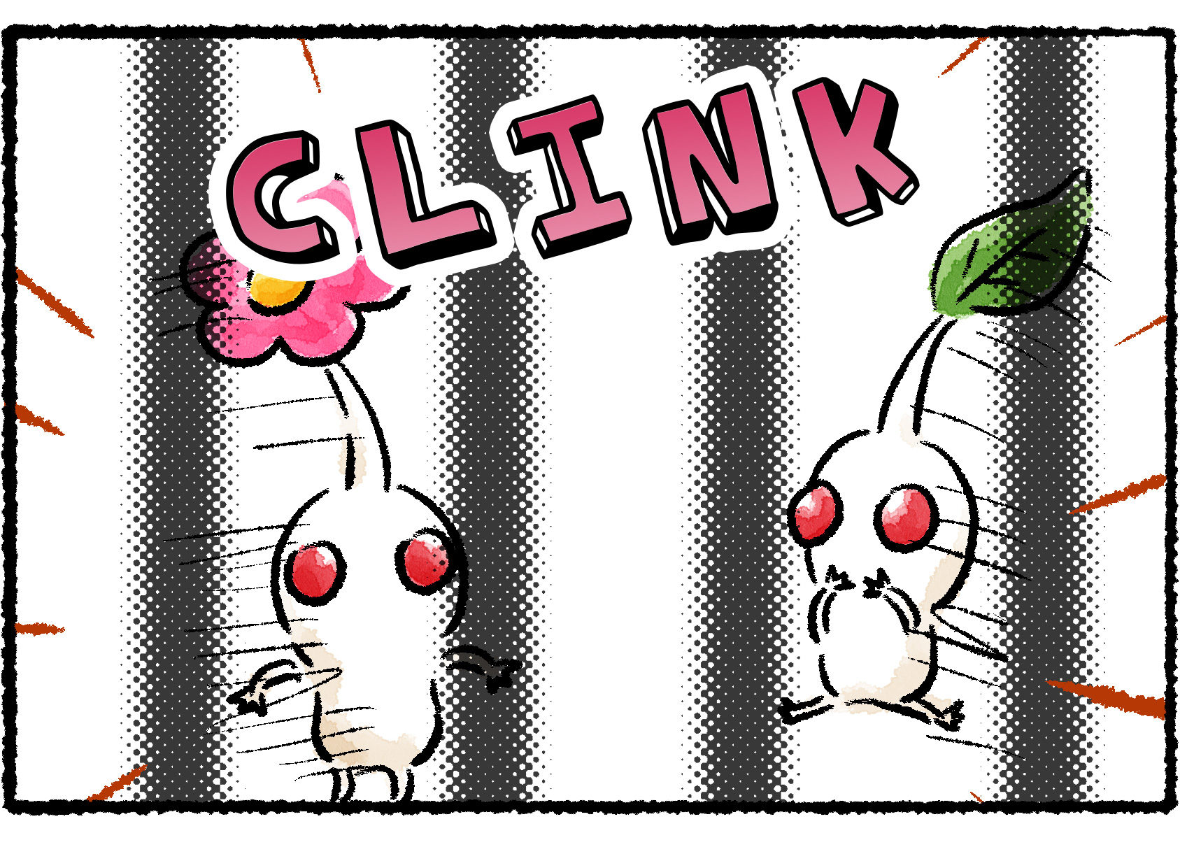 Panel three. Two White Pikmin are seen on the other side of iron bars. There is a "CLINK" sound effect of the cage being locked closed.