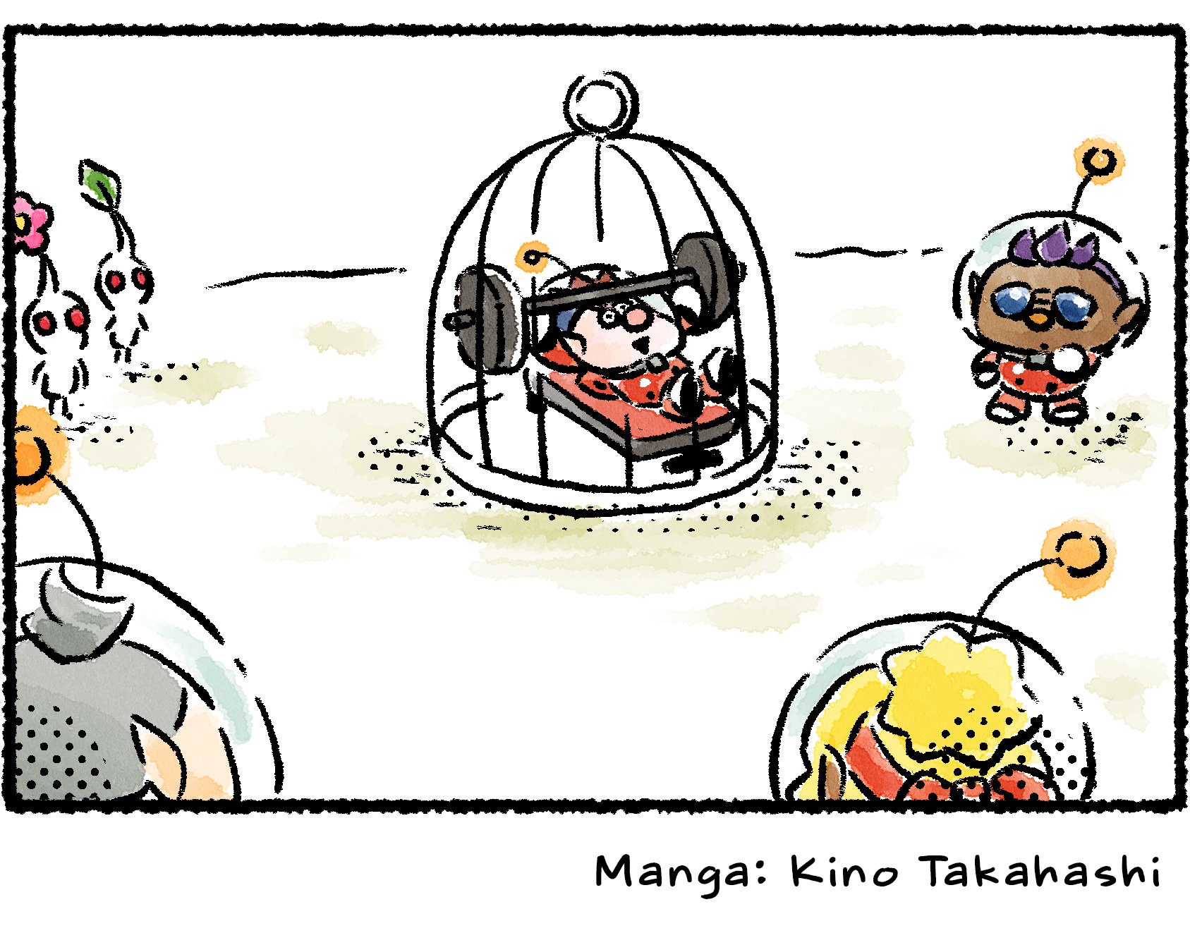 Panel four. From a different angle it is now clear that Dingo is the one who is locked in the cage. He is bench-pressing weights while Collin, Sheperd, Bernard, and the White Pikmin watch thoughtfully.