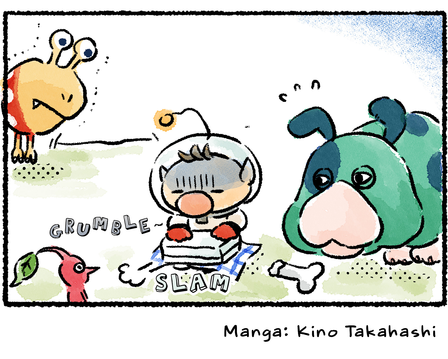 Panel four. Olimar slams the box closed, grumbling angrily to himself. In the background, a Bulborb trembles in fear—its reaction to the sound of the lunchbox makes clear what Louie uses the tools for.