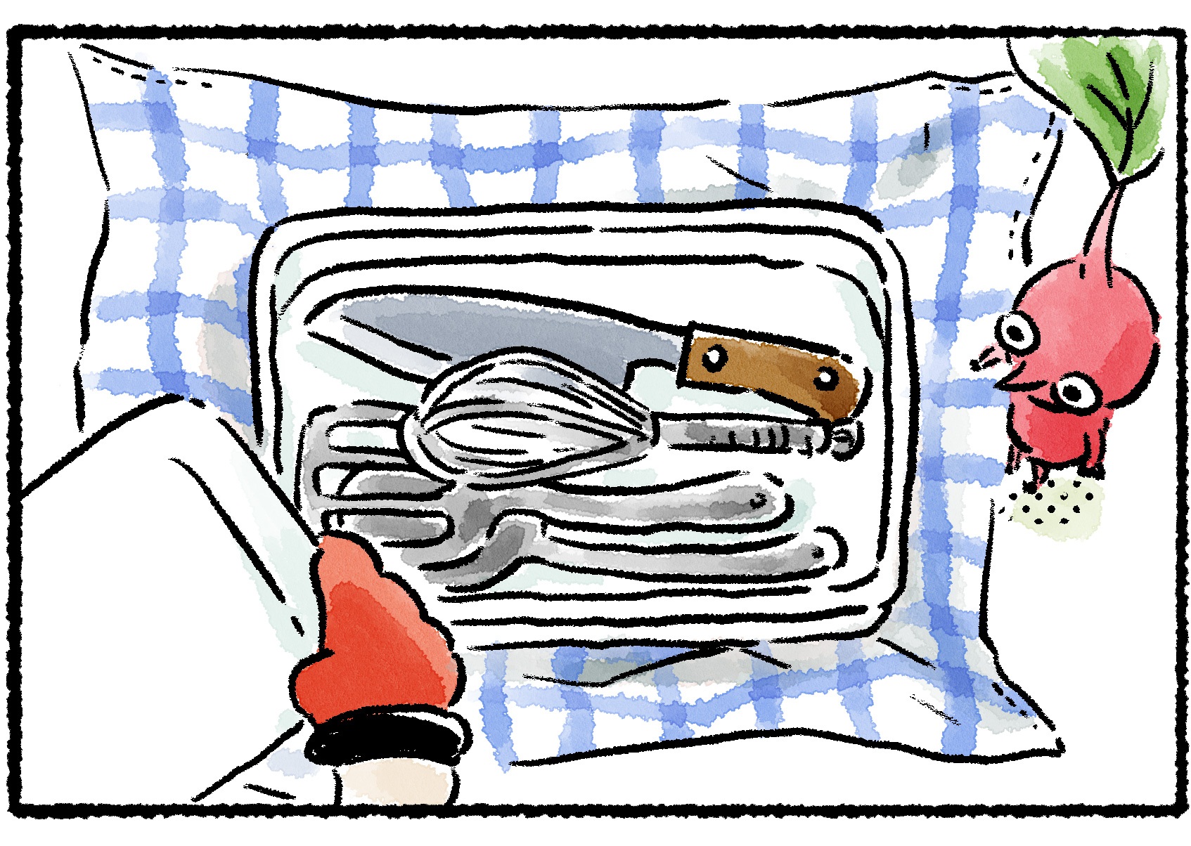 Panel three. Olimar opens the box to find only tools inside. There's a carving knife, a spatula, a whisk, and a spoon. A Red Pikmin gazes down into the box with a confused look.