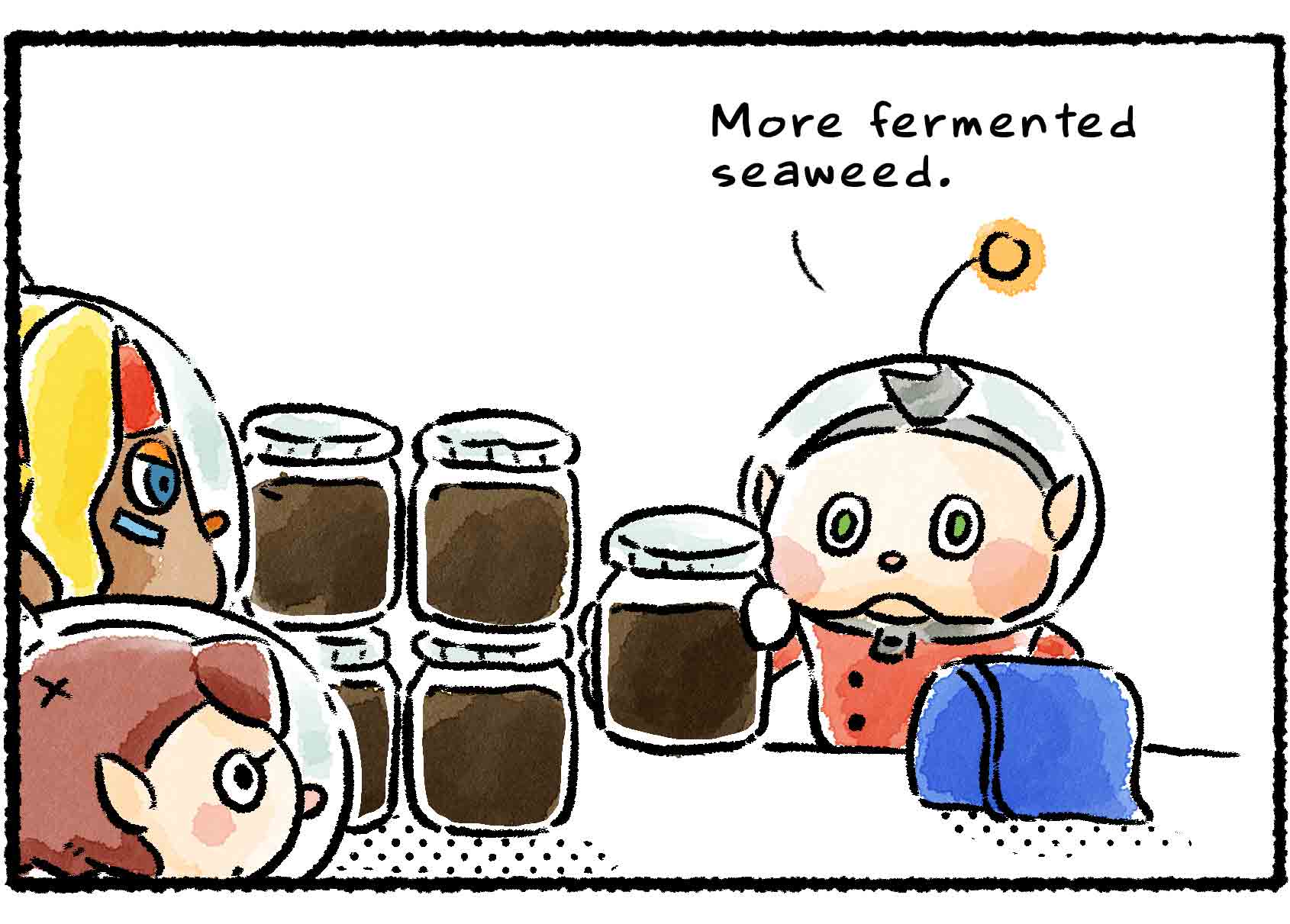 Panel three. Shepherd and a Rescue Officer watch as Collin pulls out more identical jars, laying them out on the counter. "More fermented seaweed."