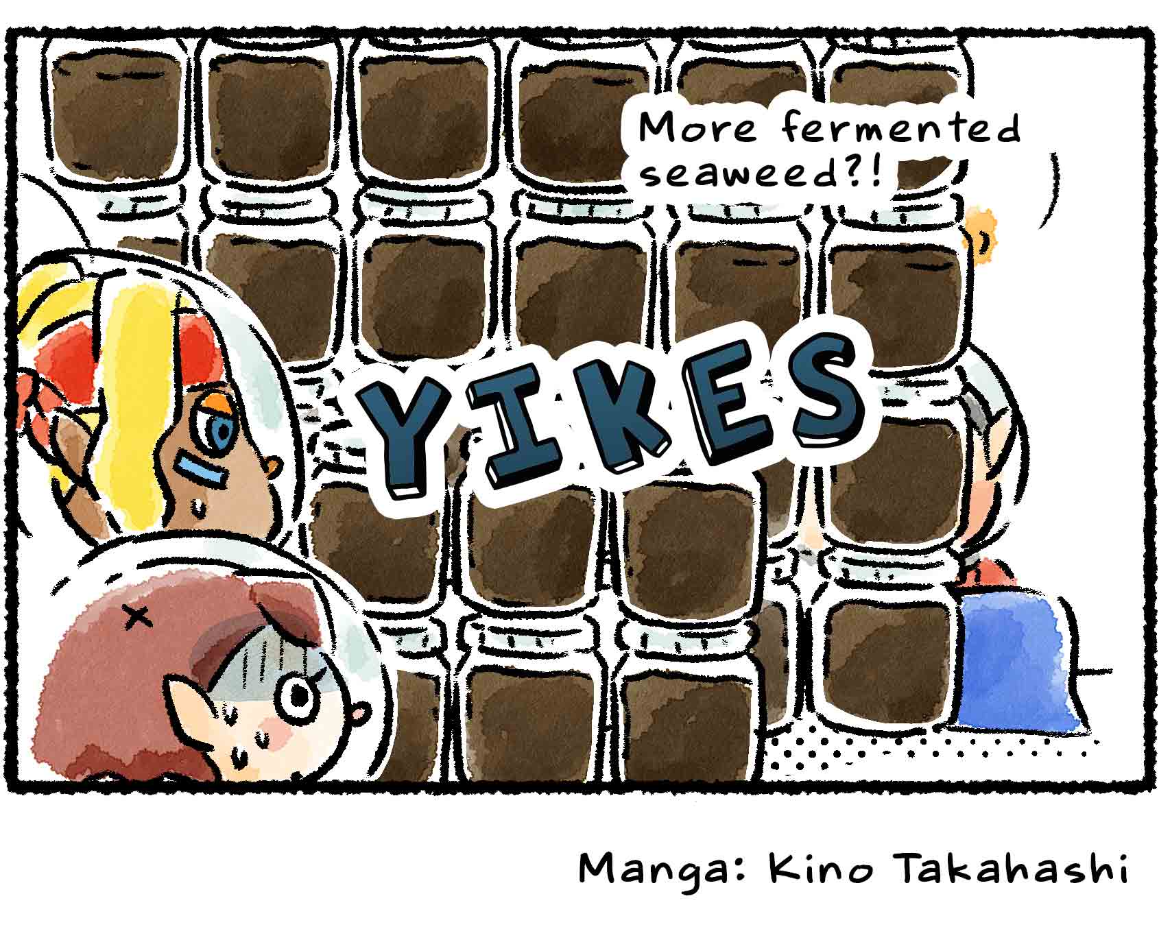 Panel four. The stacked rows of jars now take up almost the entire panel. "More fermented seaweed?!" Collin says from behind the wall of jars. Looking pale, the Rescue Officer says, "YIKES."