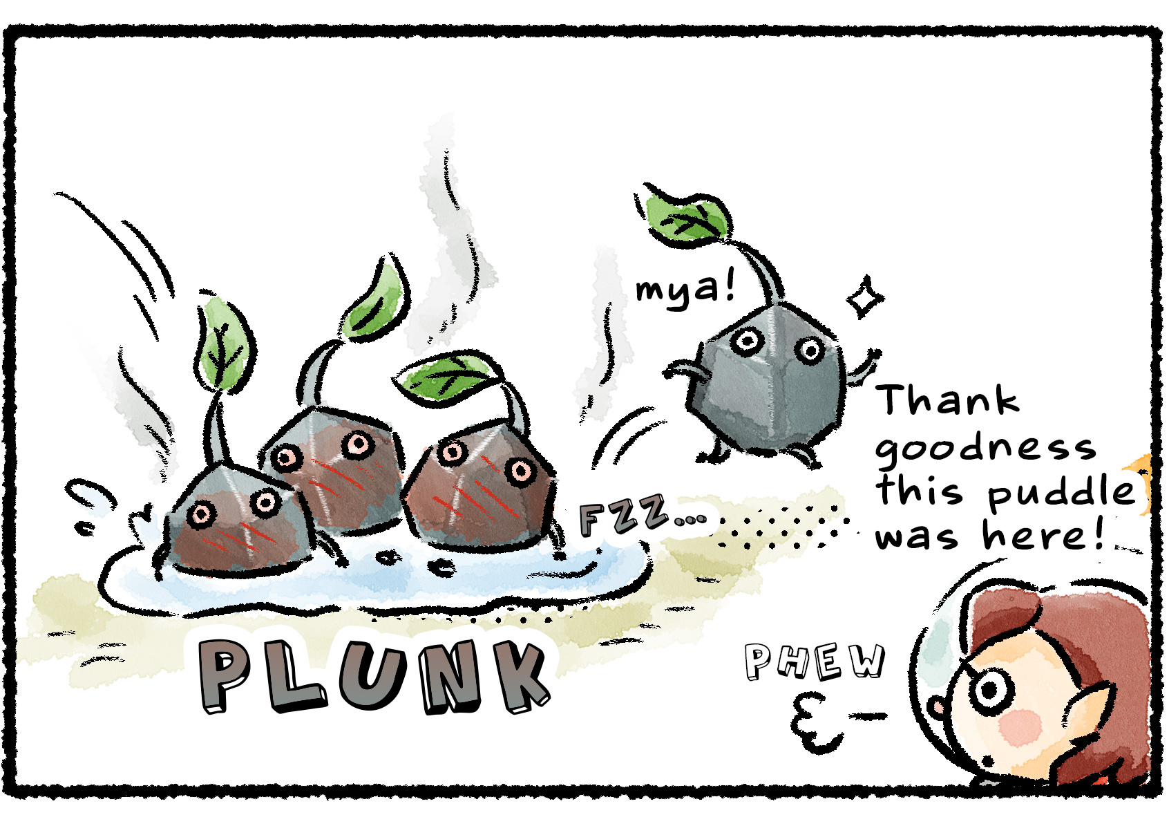 Panel two. The scalded Rock Pikmin dunk themselves in a puddle to cool off. "Thank goodness this puddle was here!" the Rescue Officer says.