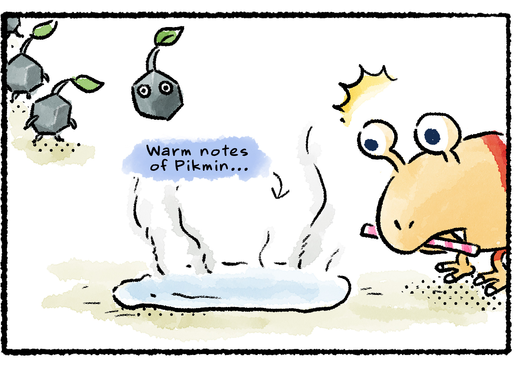 Panel three. As the Rock Pikmin head off, a Bulborb approaches the puddle they were in with a drinking straw in its mouth. Descriptive text reads, "Warm notes of Pikmin…"