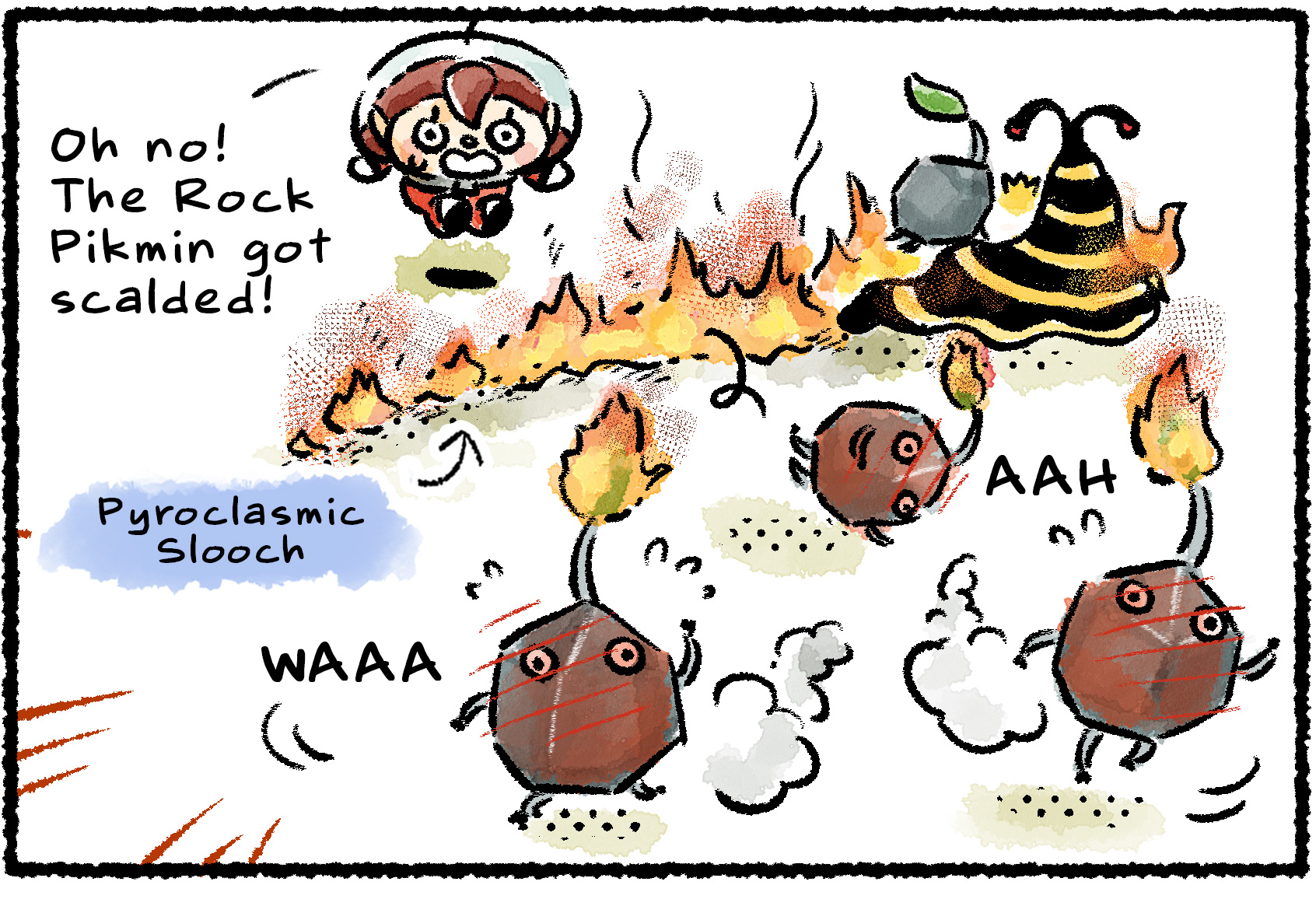 Panel one. A group of Rock Pikmin flee screaming from a Pyroclasmic Slooch, their stems flaming. "Oh no!" a Rescue Officer says. "The Rock Pikmin got scalded!"