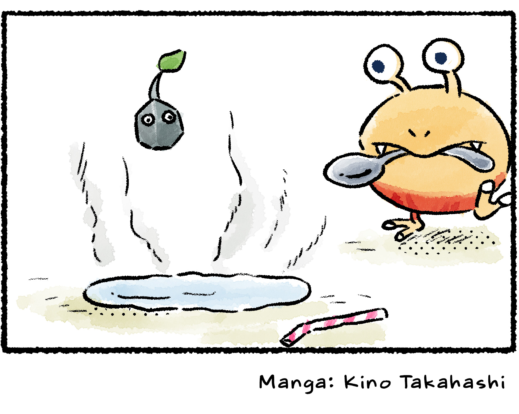 Panel four. The Bulborb puts down the drinking straw and returns to the warm puddle with a soup spoon.