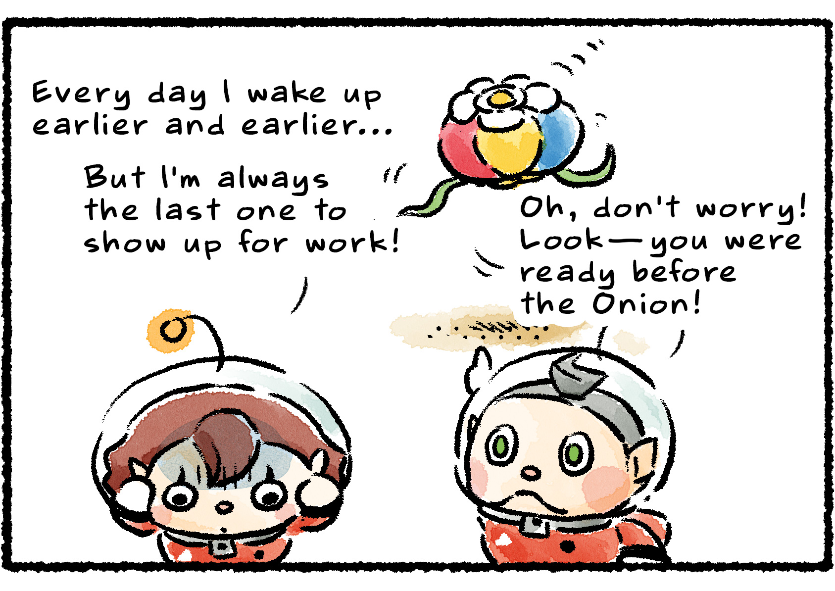 Panel two. "Every day I wake up earlier and earlier… But I'm always the last one to show up for work!" Collin: "Oh, don't worry! Look—you were awake before the Onion!" She replies, "Tomorrow I'll be the first one for sure! That'll impress everyone."