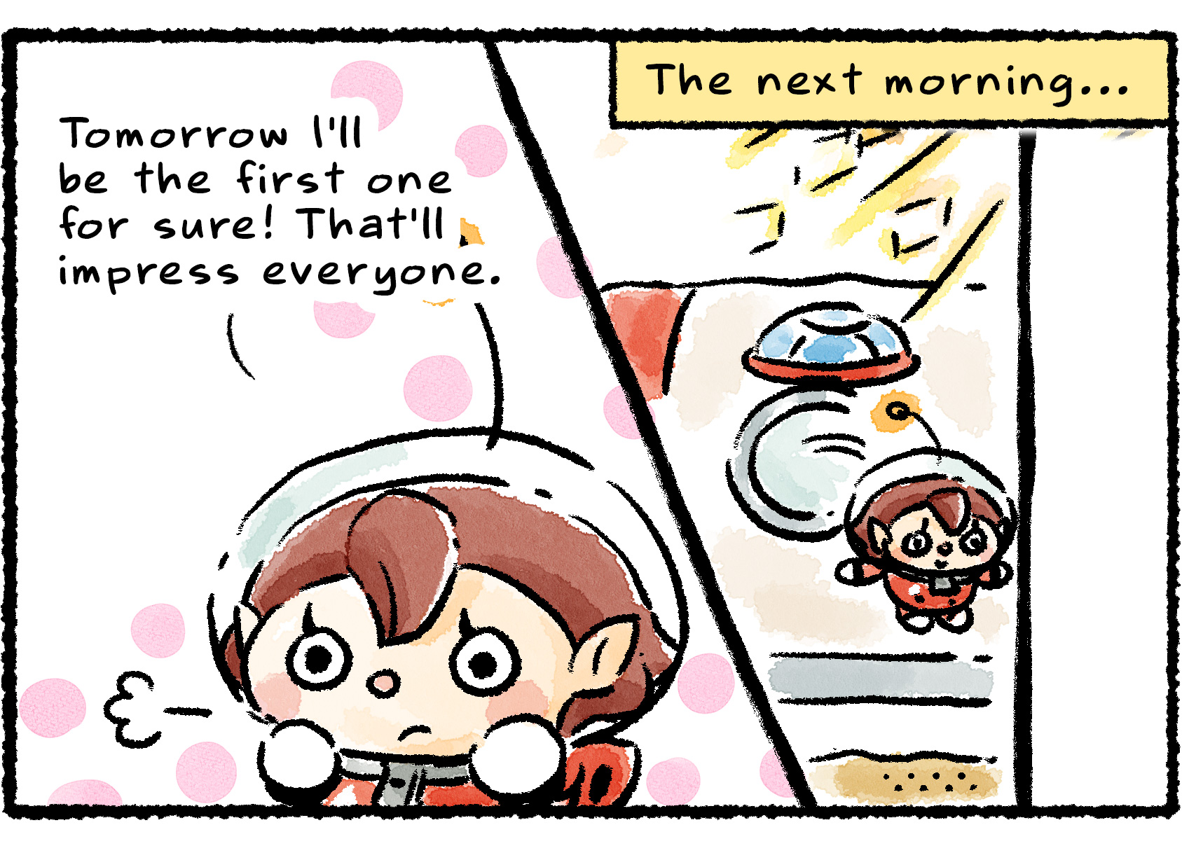 Panel three. The next morning, the Rescue Officer gets up earlier than ever, looking hopeful as she leaves the ship.