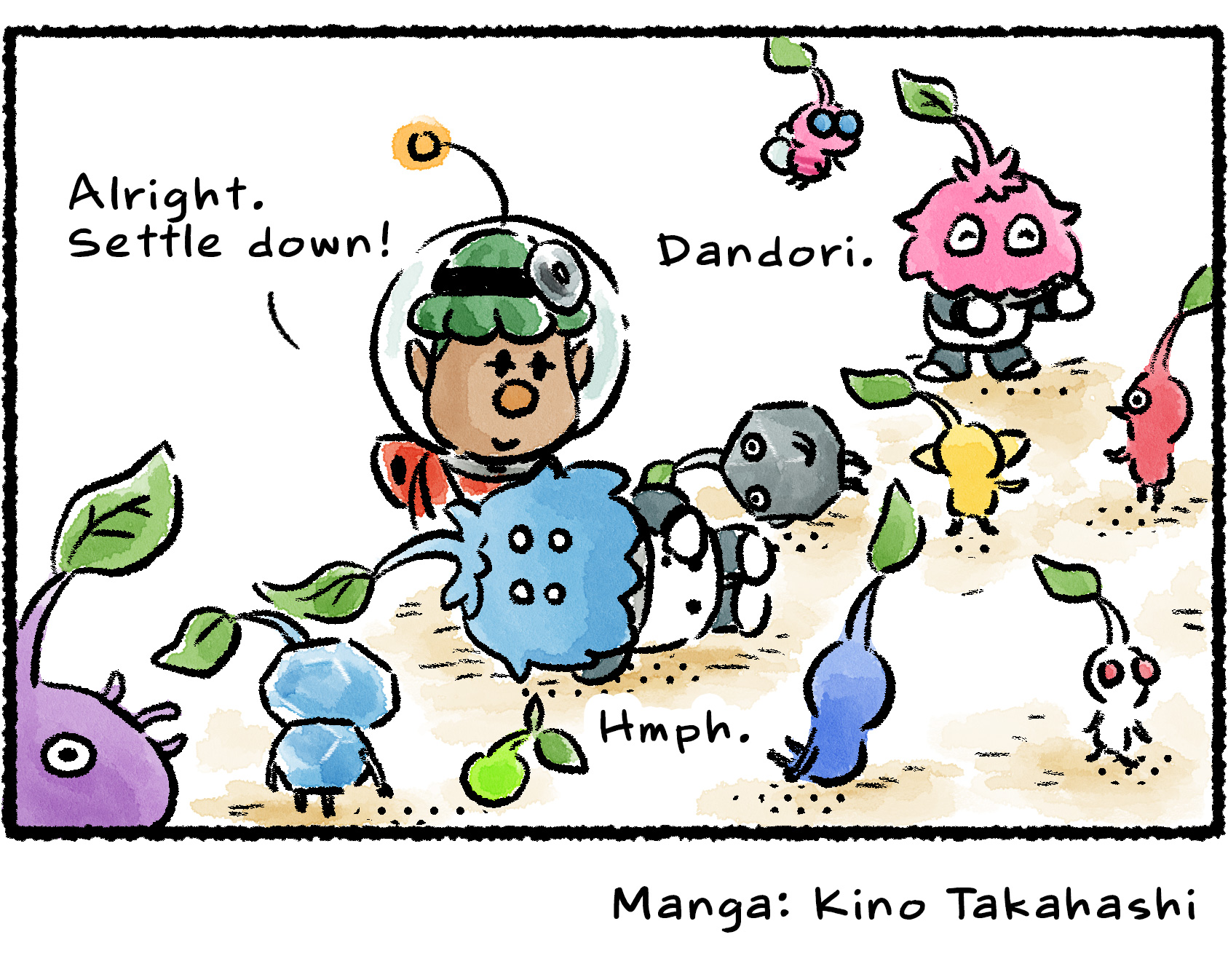 Panel four. The Leaflings mingle with an assortment of Leaf Pikmin. Yonny says, "Settle down, everyone!" A Blue Leafling lies on his side and says "Hmph." A Pink Leafling dances in the background and says, "Dandori."