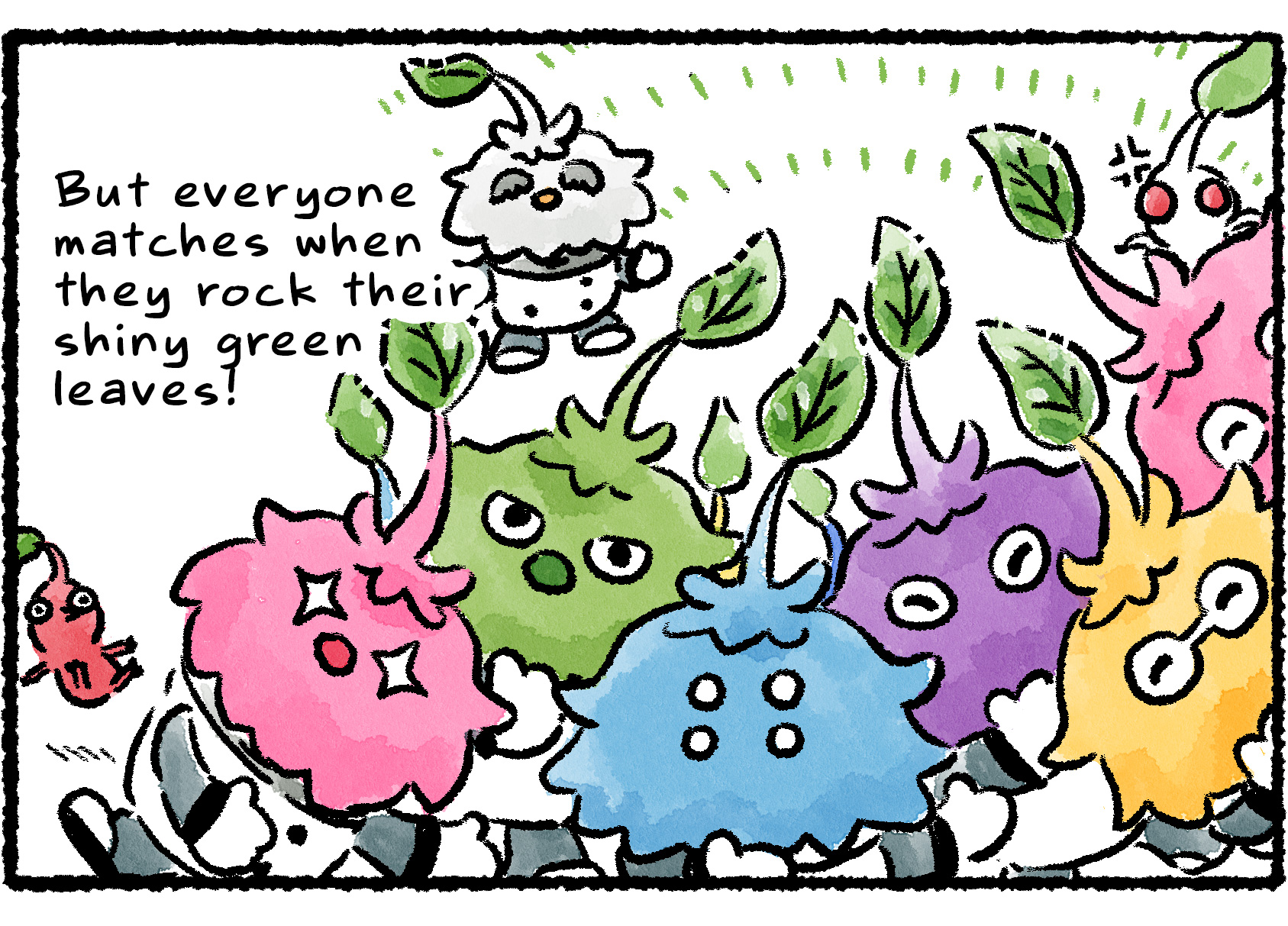 Panel three. Leaflings of all colors crowd in front of the panel as if posing for a camera. Descriptive text reads: "But everyone matches when they rock their shiny green leaves!"