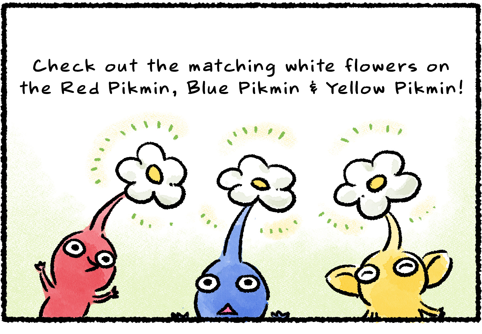 Panel one. A Red, Blue, and Yellow Pikmin proudly show off their flowers. Descriptive text reads: "Matching white flowers on the Red Pikmin, Blue Pikmin, & Yellow Pikmin!"