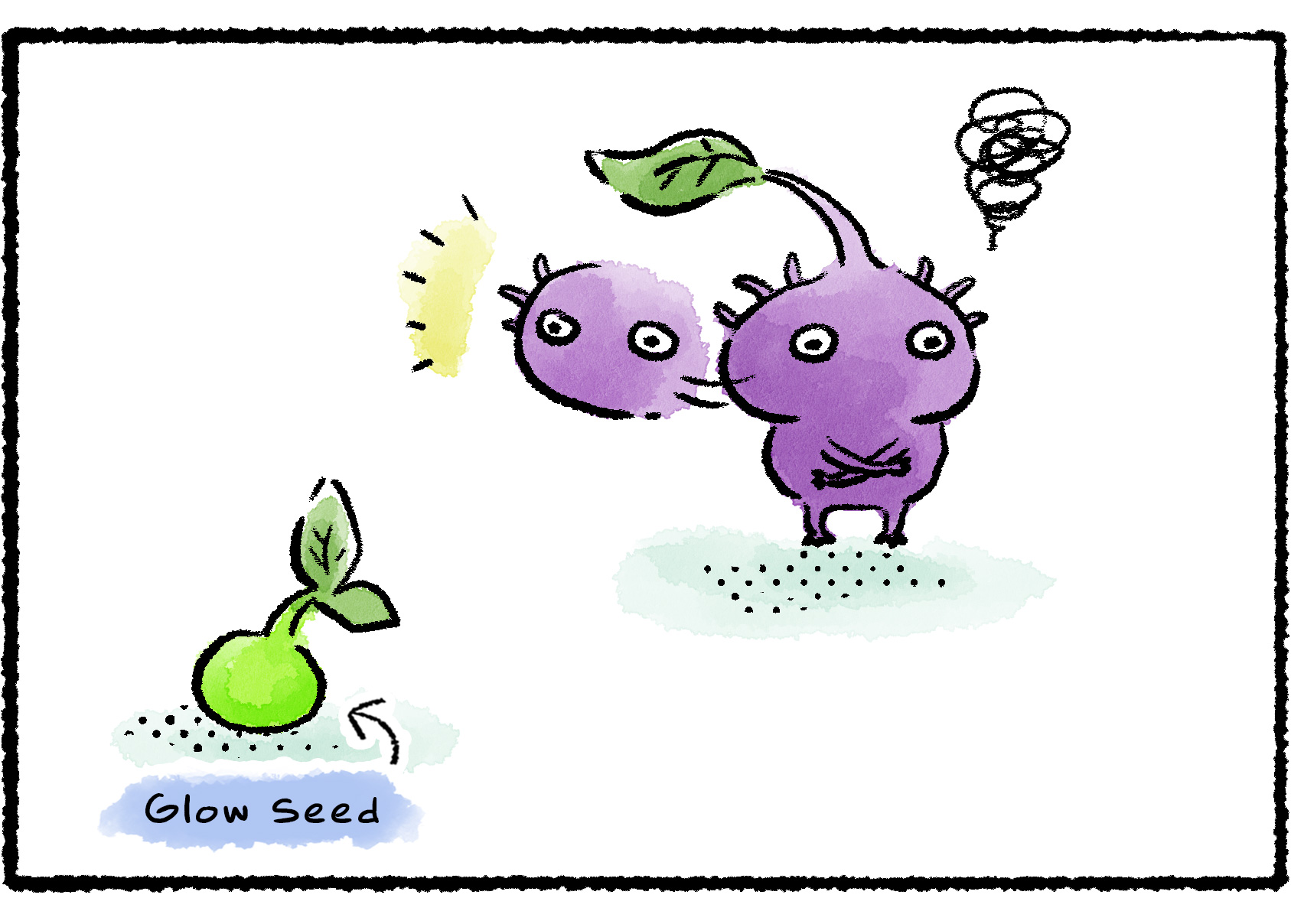 Panel three. The Purple Pikmin looks around, frustrated, only to discover a Glow Seed sitting on the ground nearby.