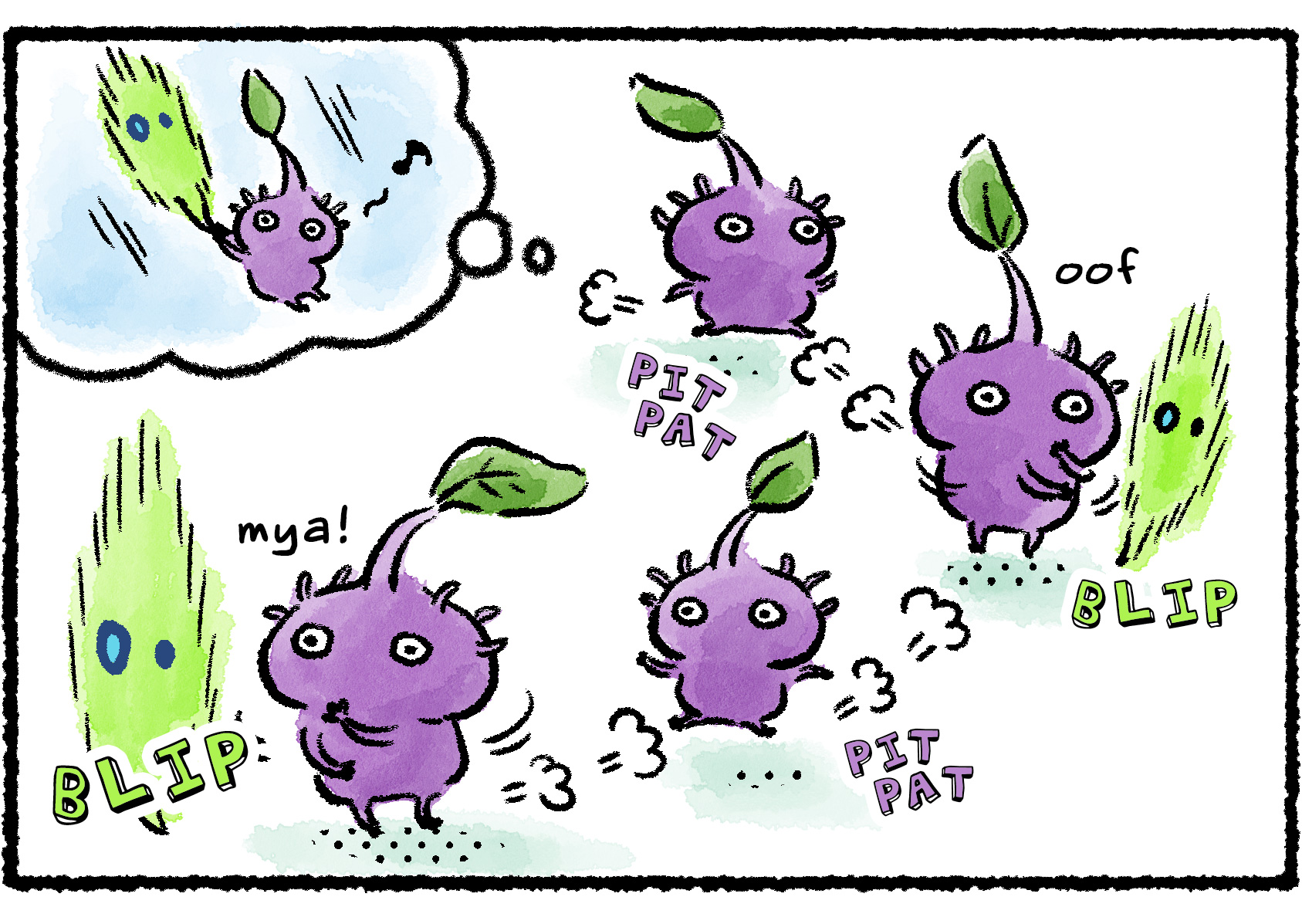 Panel two. The Purple Pikmin, imagining itself holding hands with the Glow Pikmin, chases after it as it repeatedly teleports away.