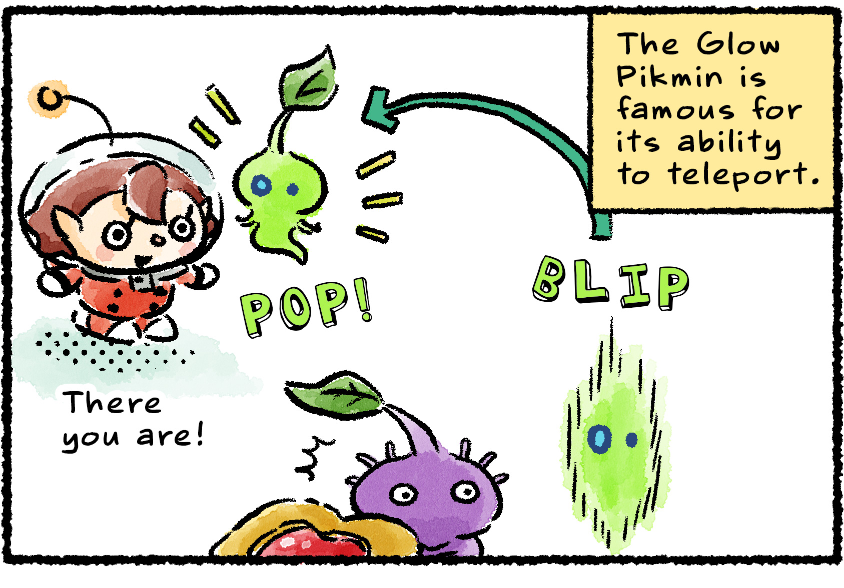 Panel one. A Glow Pikmin teleports away from a Purple Pikmin and appears in front of a Rescue Officer, who says, "There you are!" Narrator text reads: "The Glow Pikmin is famous for its ability to teleport."