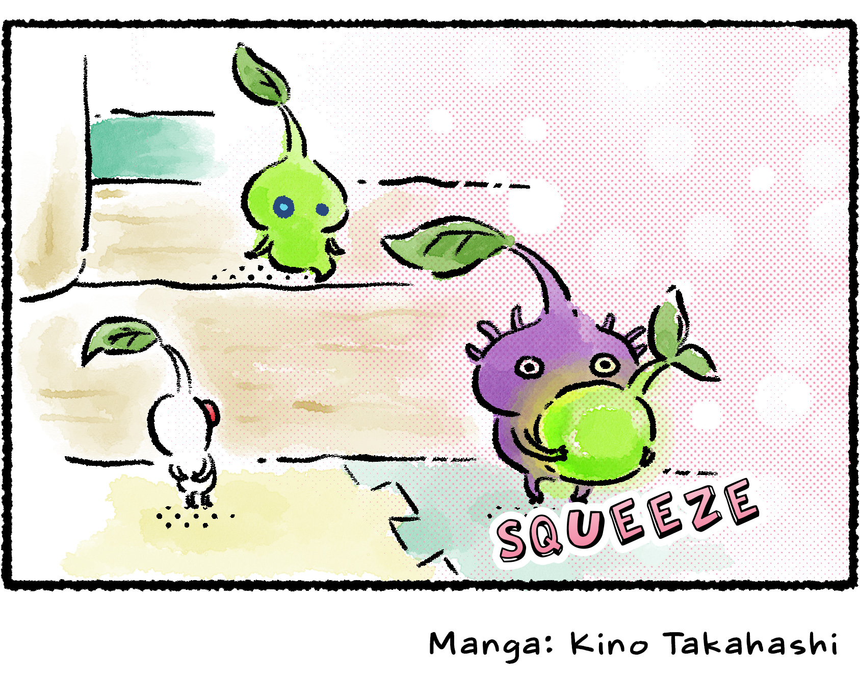Panel four. A Glow Pikmin and a White Pikmin look on as the Purple Pikmin hugs its new Glow Seed friend.