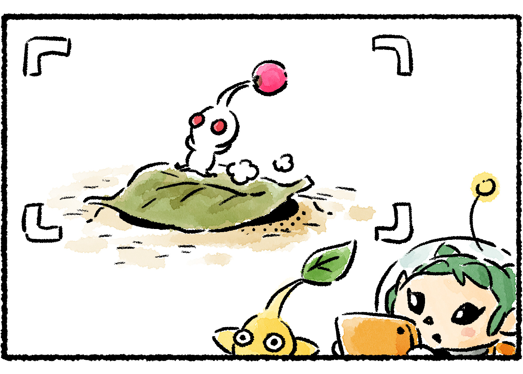 Panel two. The White Pikmin sits on the leaf. Molly watches eagerly, camera in hand.